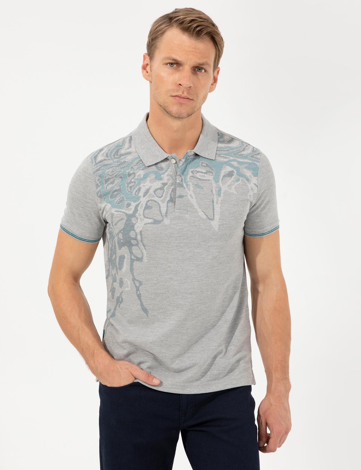 Gri Melanj Slim Fit Baskılı Polo Yaka Tişört