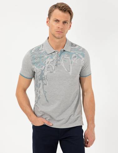 Gri Melanj Slim Fit Baskılı Polo Yaka Tişört