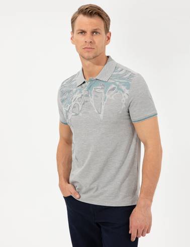 Gri Melanj Slim Fit Baskılı Polo Yaka Tişört