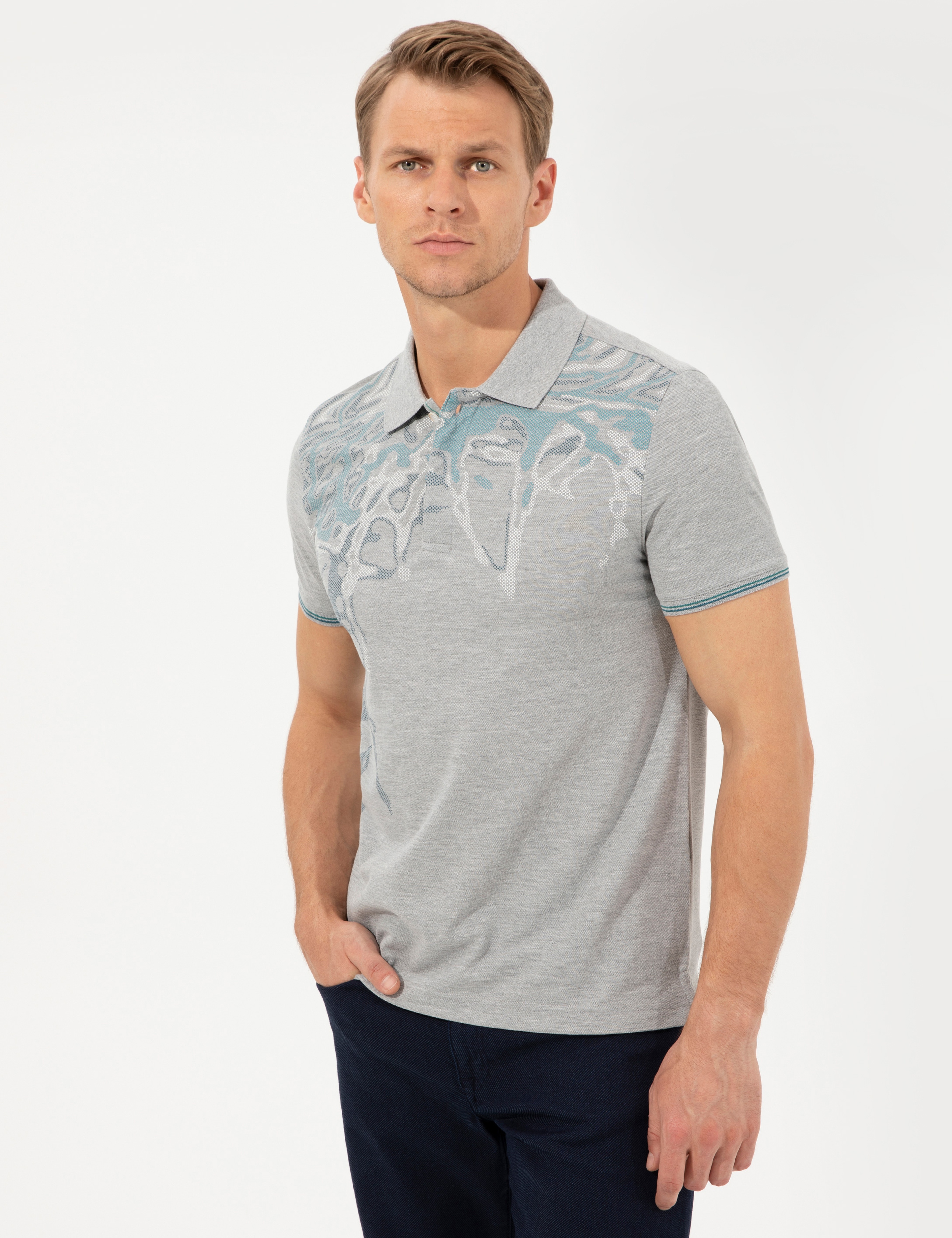 Gri Melanj Slim Fit Baskılı Polo Yaka Tişört - Image 3