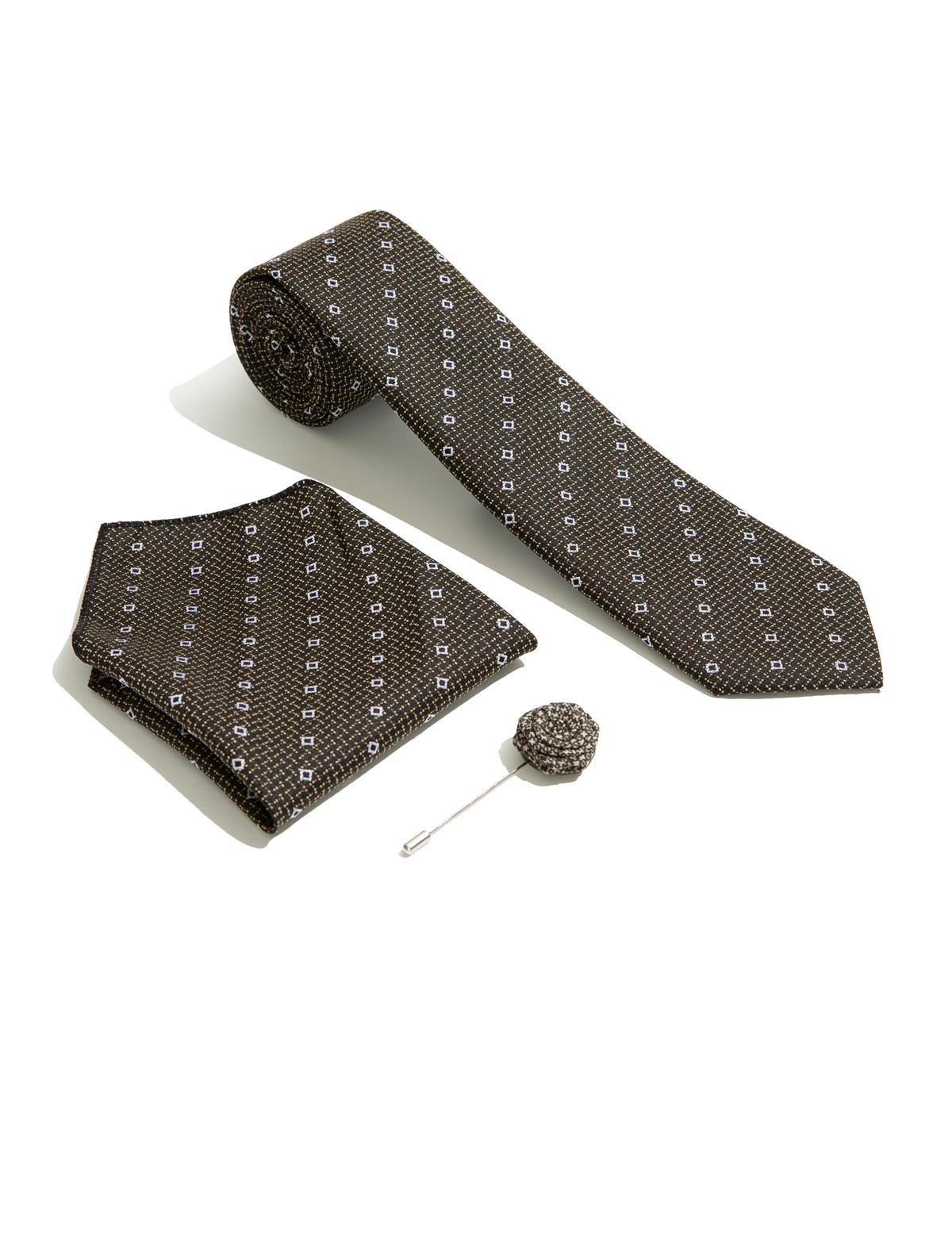 Kahverengi 3'lü Kravat-Mendil-Kravat İğnesi Set