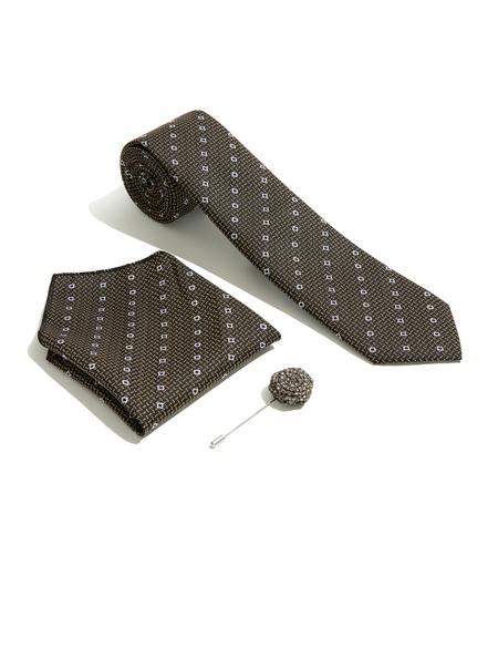 Kahverengi 3'lü Kravat-Mendil-Kravat İğnesi Set - 50244736002