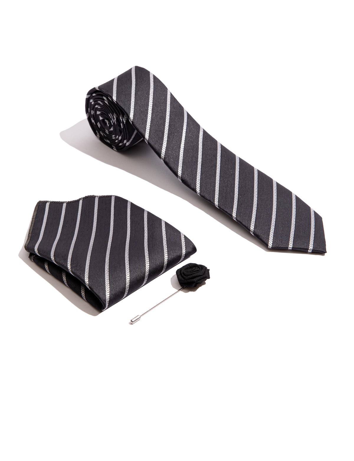 Siyah 3'lü Kravat-Mendil-Kravat İğnesi Set