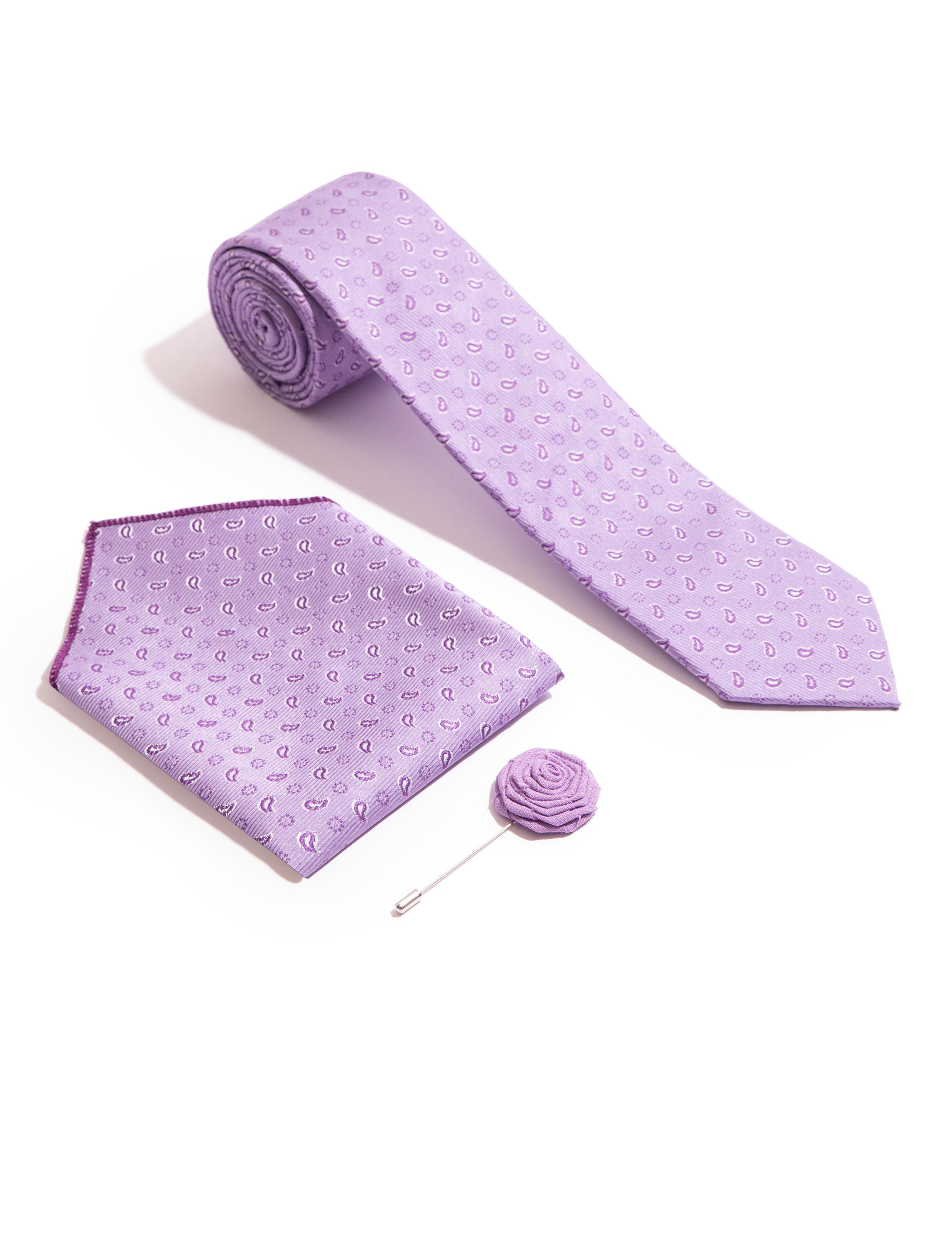 Mor 3'lü Kravat Mendil Set