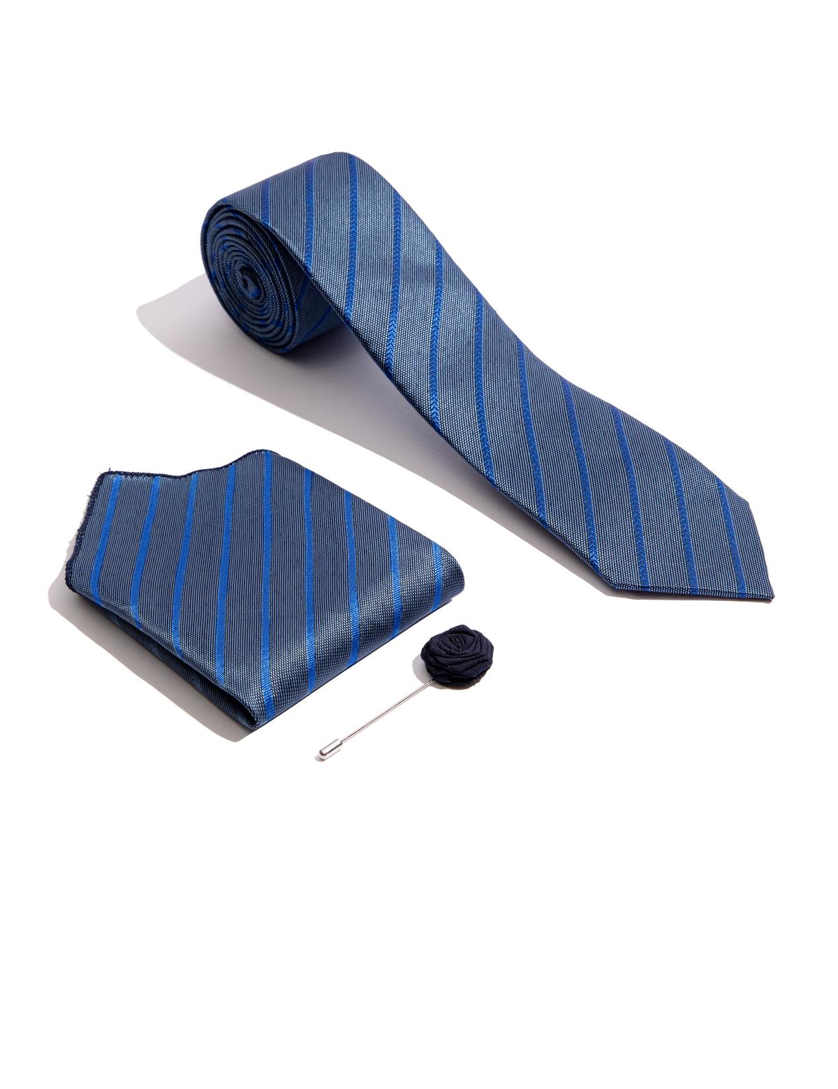 Mavi 3'lü Kravat-Mendil-Kravat İğnesi Set