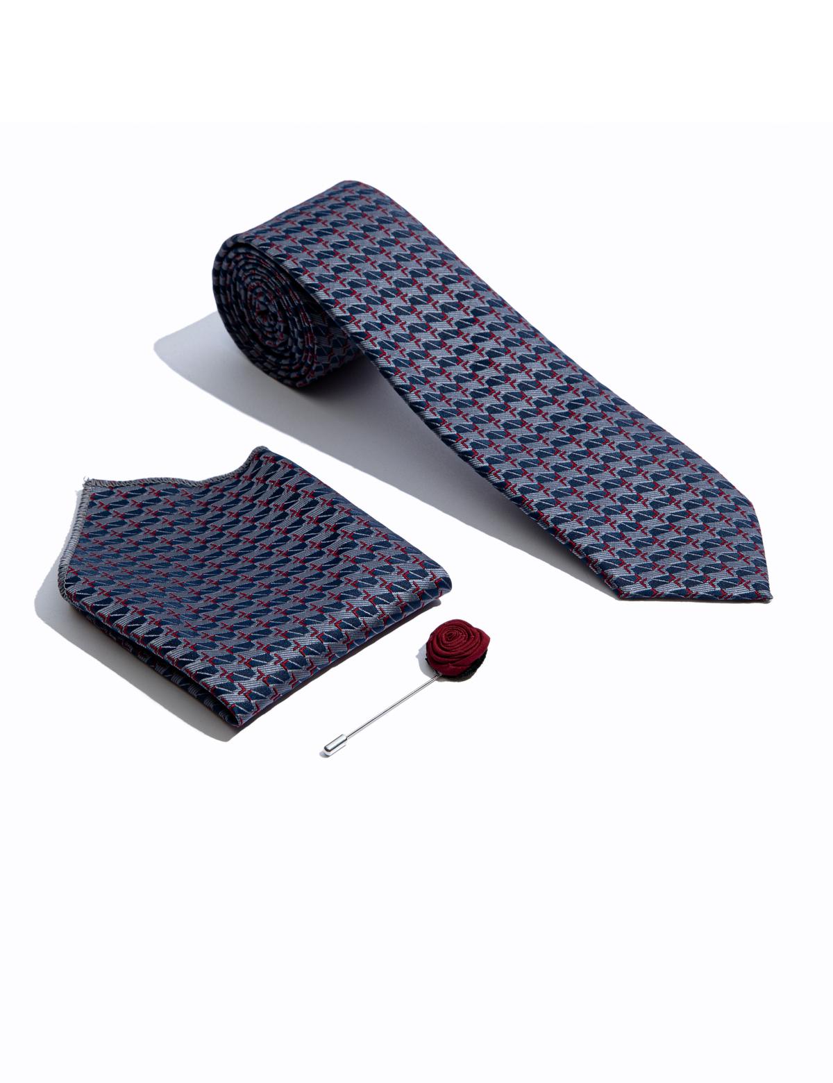Bordo 3'lü Kravat-Mendil-Kravat İğnesi Set