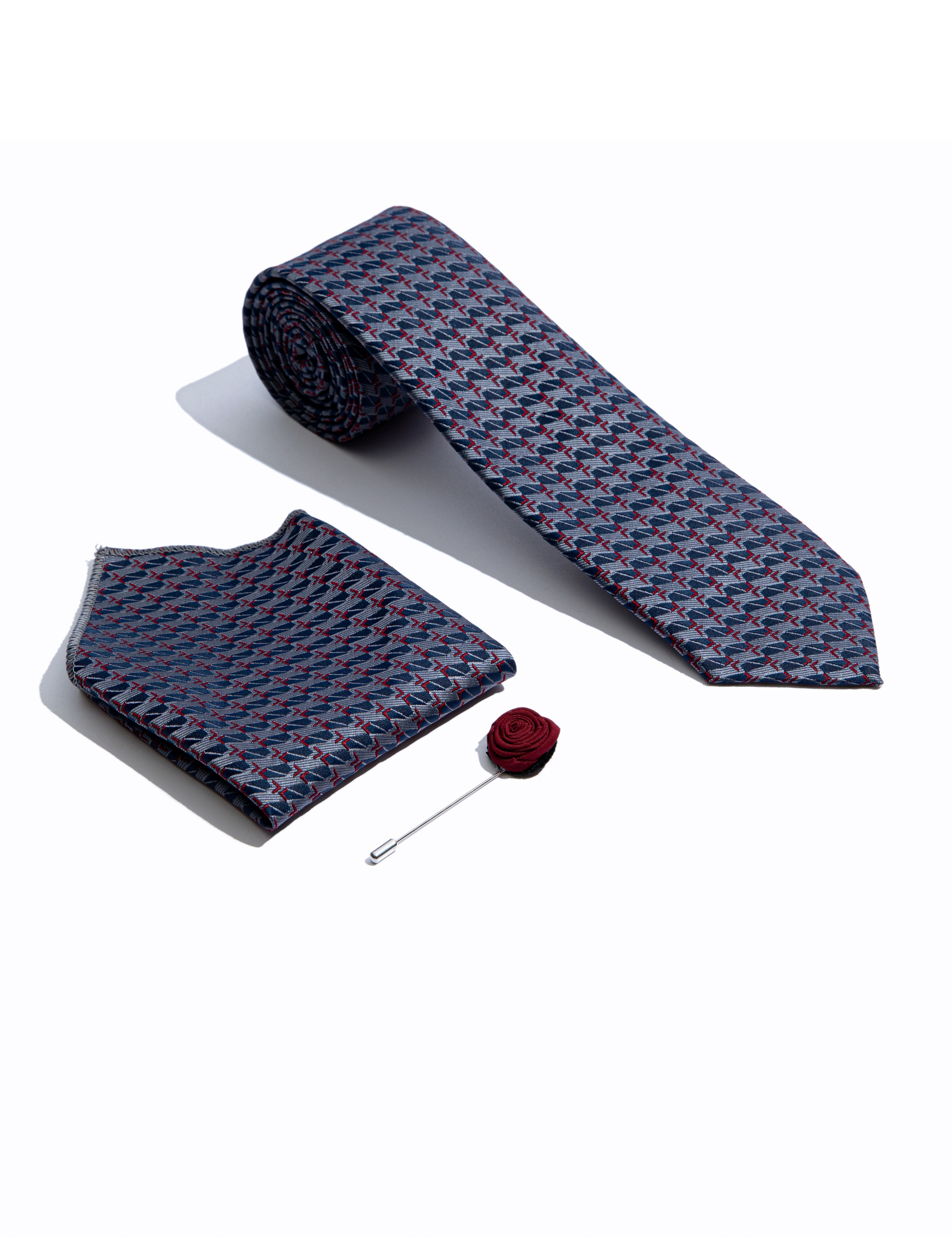 Bordo 3'lü Kravat-Mendil-Kravat İğnesi Set - Image 1