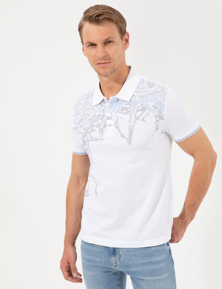 Beyaz Slim Fit Baskılı Polo Yaka Tişört - 50249840005