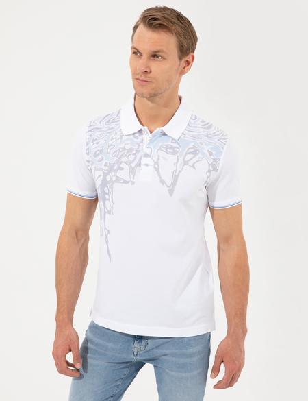 Beyaz Slim Fit Baskılı Polo Yaka Tişört - 50249840005