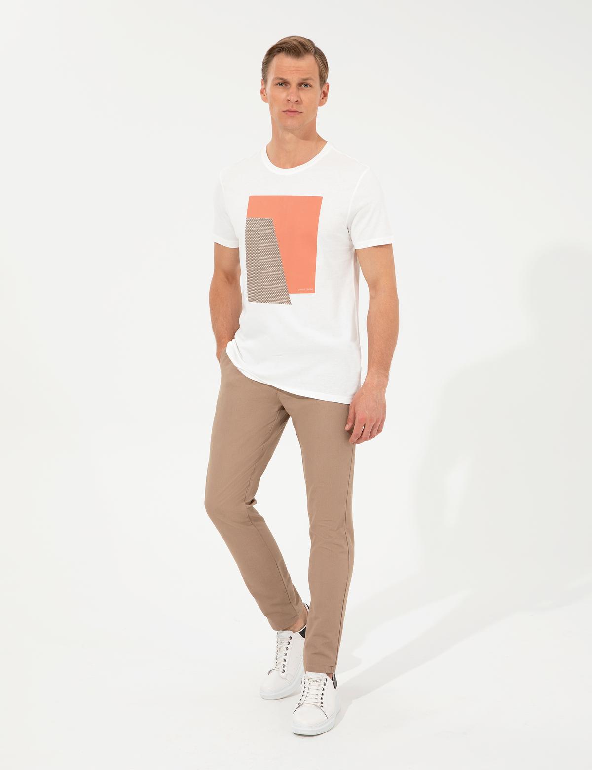 Ecru Slim Fit Baskılı Bisiklet Yaka Tişört - 50249867007