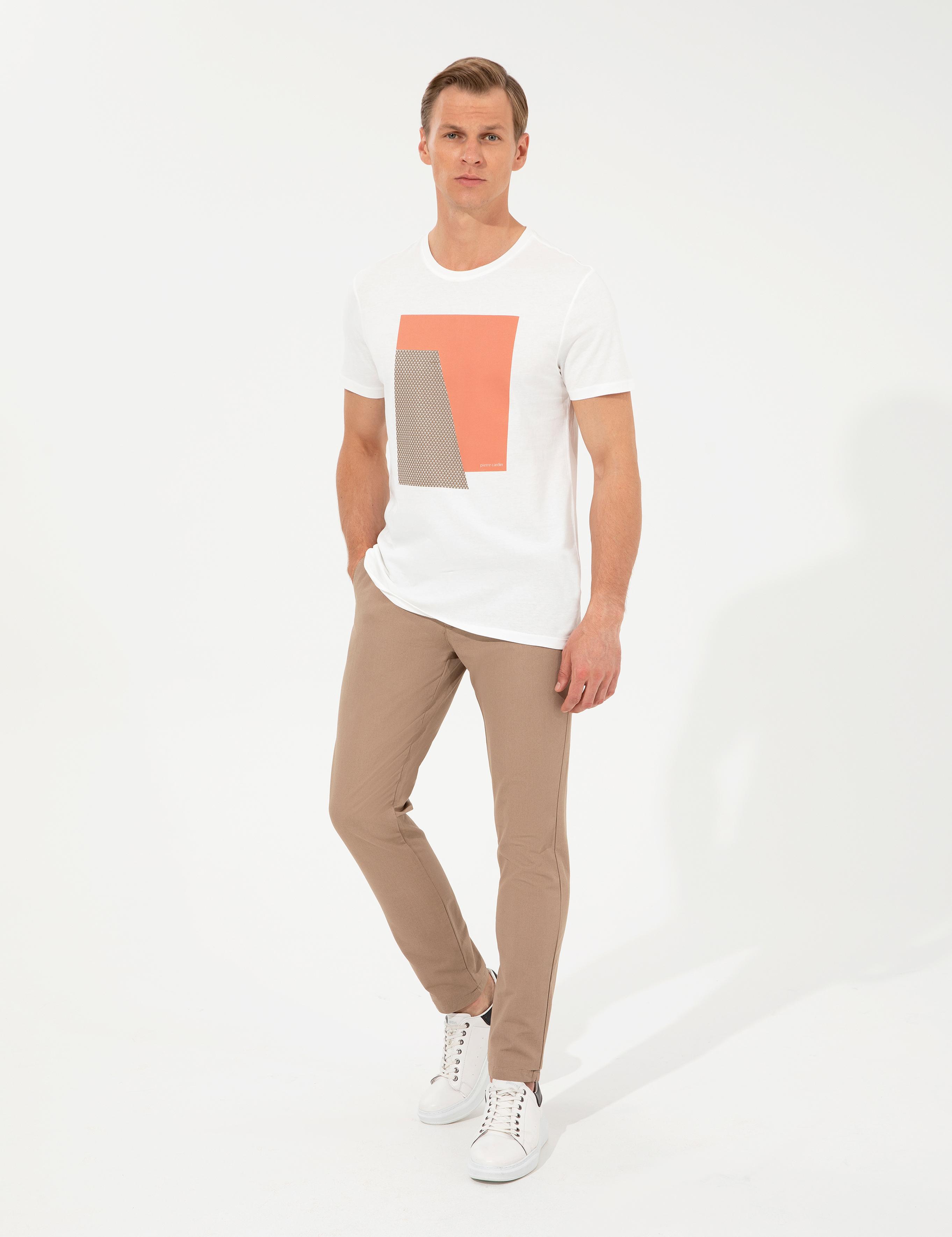 Ecru Slim Fit Baskılı Bisiklet Yaka Tişört