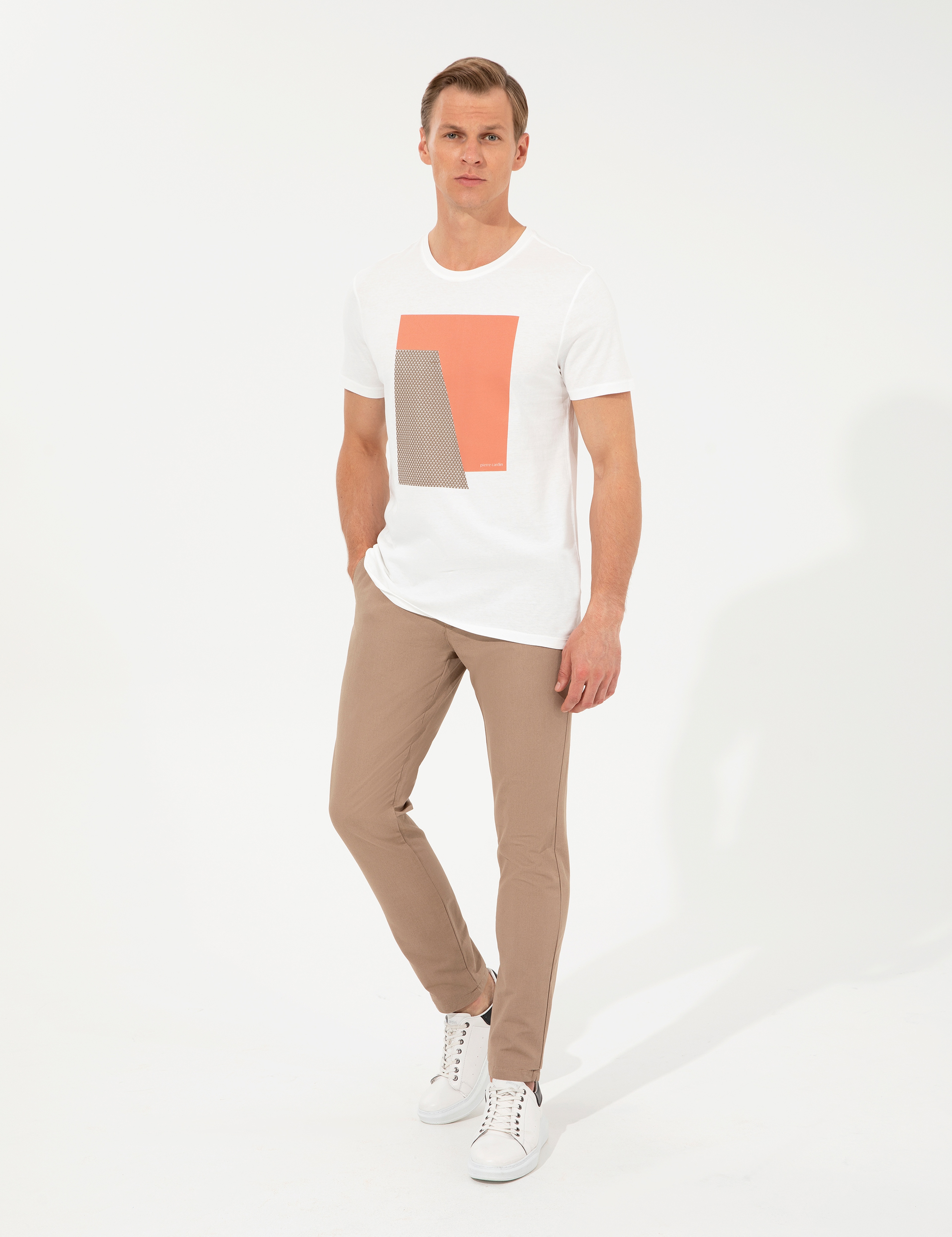 Ecru Slim Fit Baskılı Bisiklet Yaka Tişört - Image 4