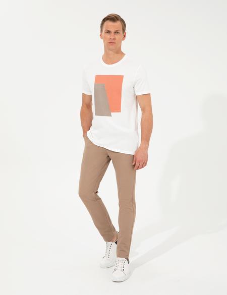 Ecru Slim Fit Baskılı Bisiklet Yaka Tişört - 50249867007