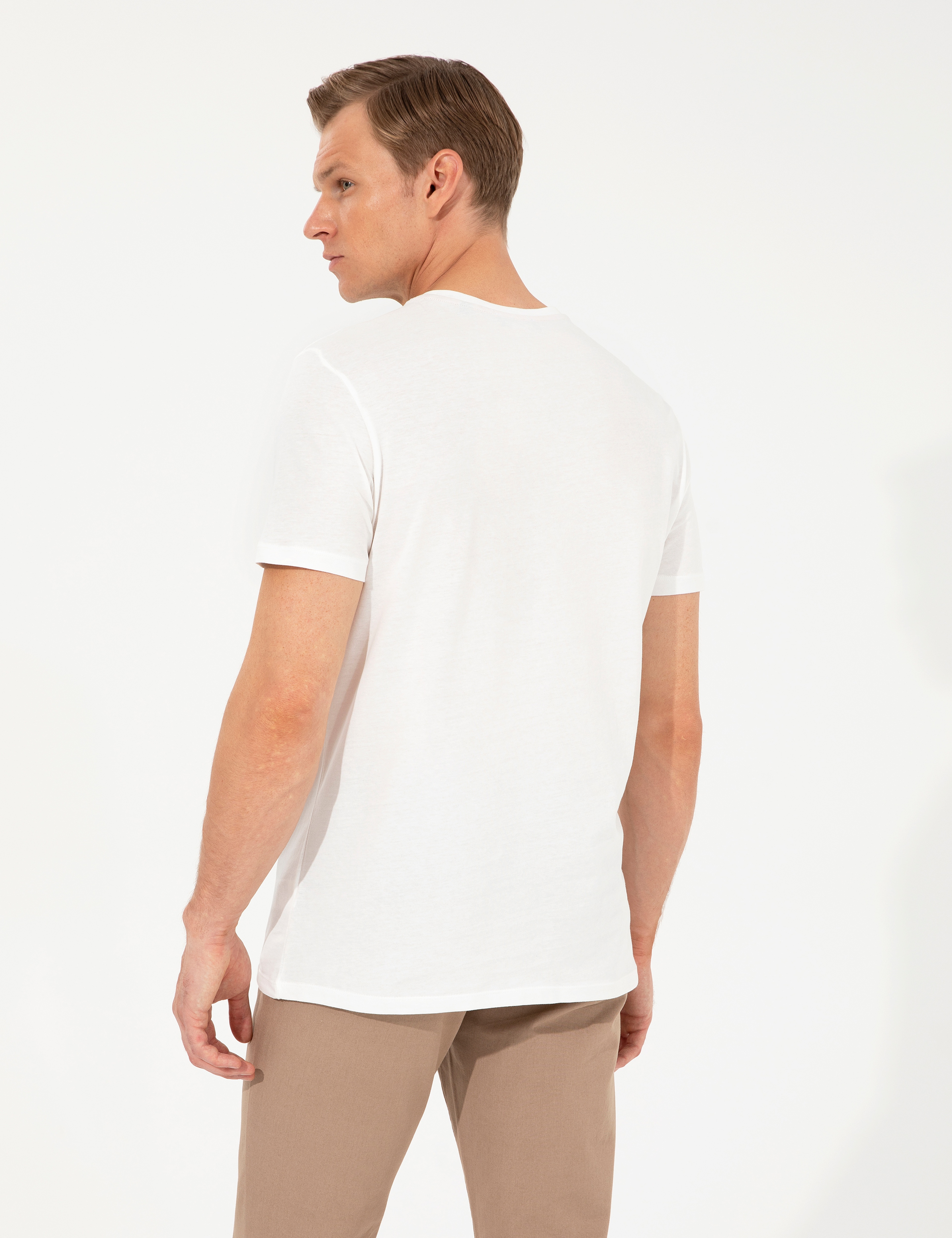Ecru Slim Fit Baskılı Bisiklet Yaka Tişört