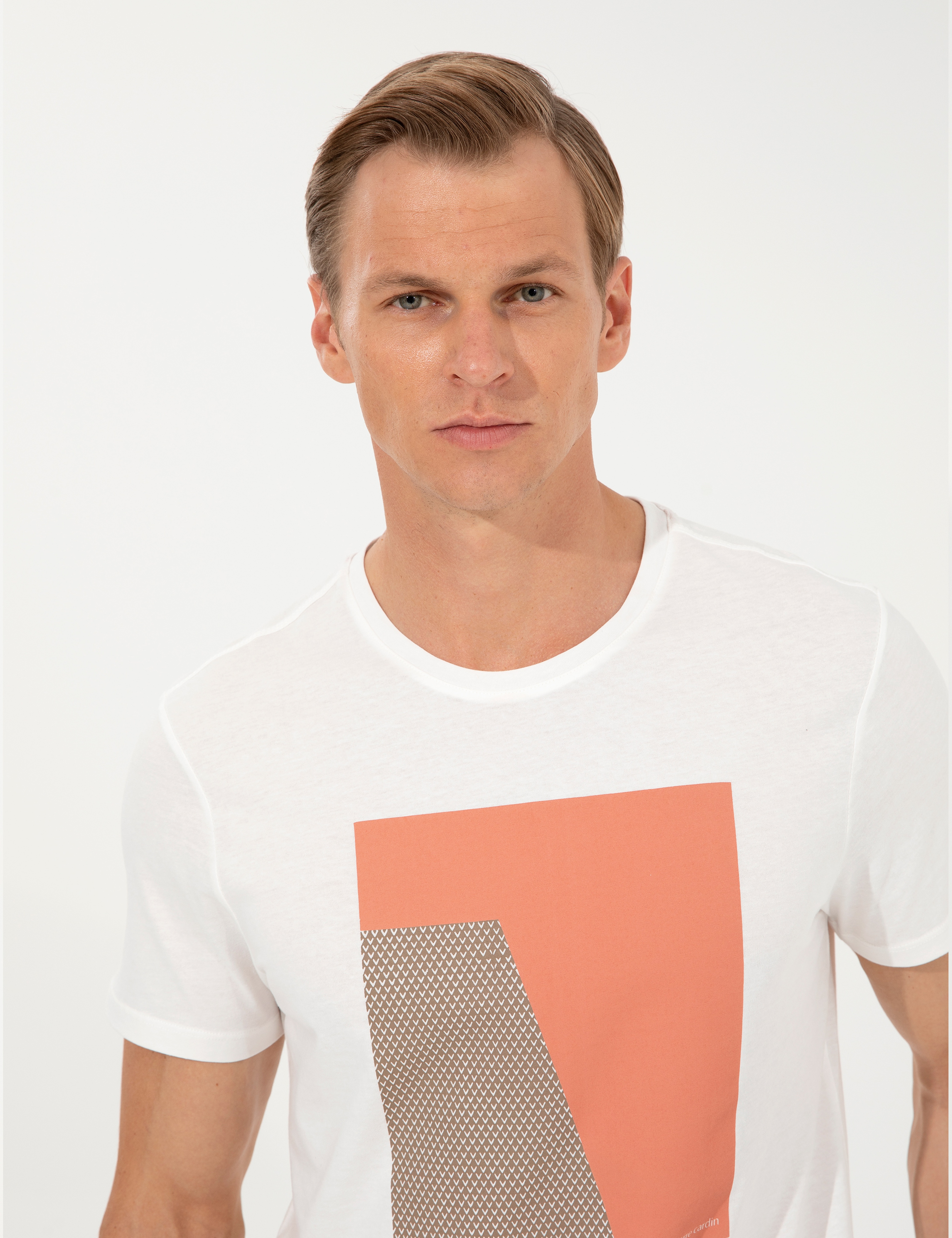 Ecru Slim Fit Baskılı Bisiklet Yaka Tişört - Image 1