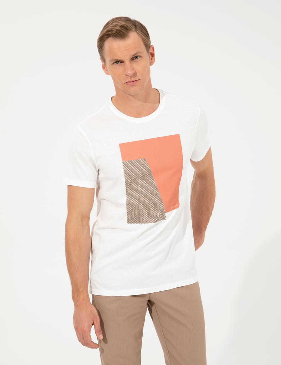 Ecru Slim Fit Baskılı Bisiklet Yaka Tişört