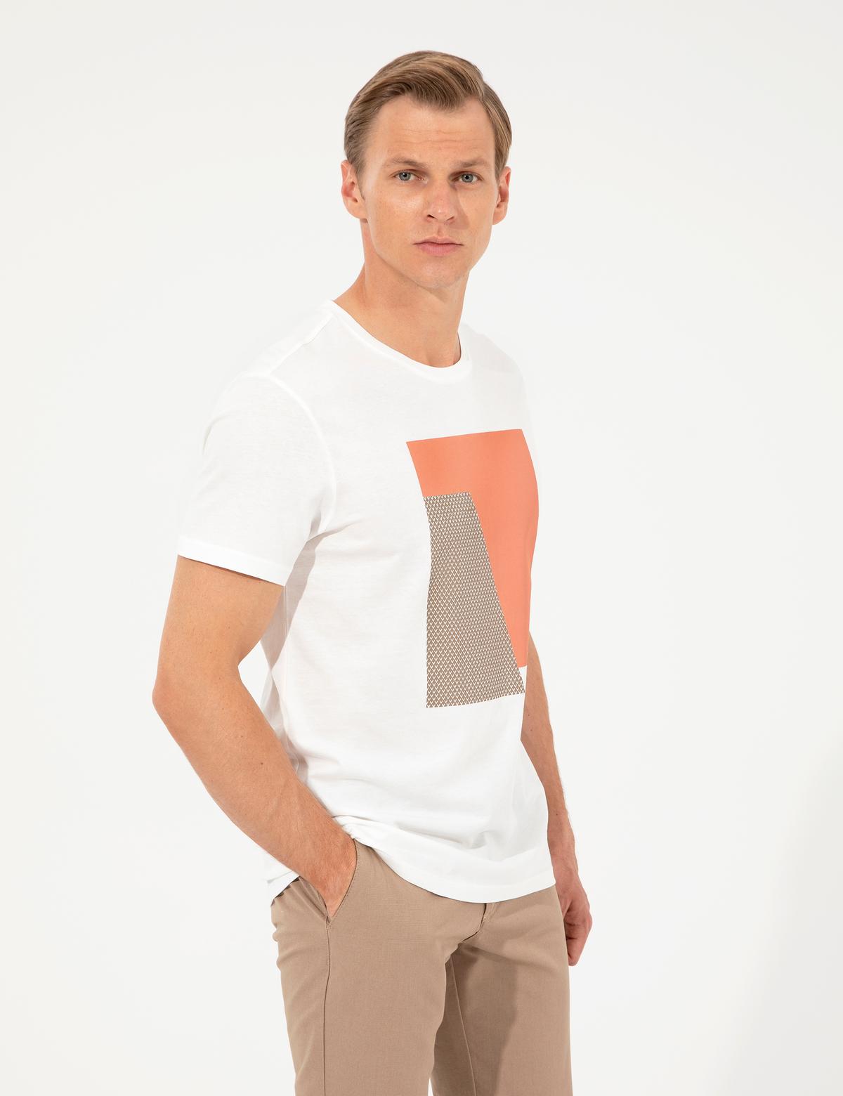 Ecru Slim Fit Baskılı Bisiklet Yaka Tişört - 50249867007