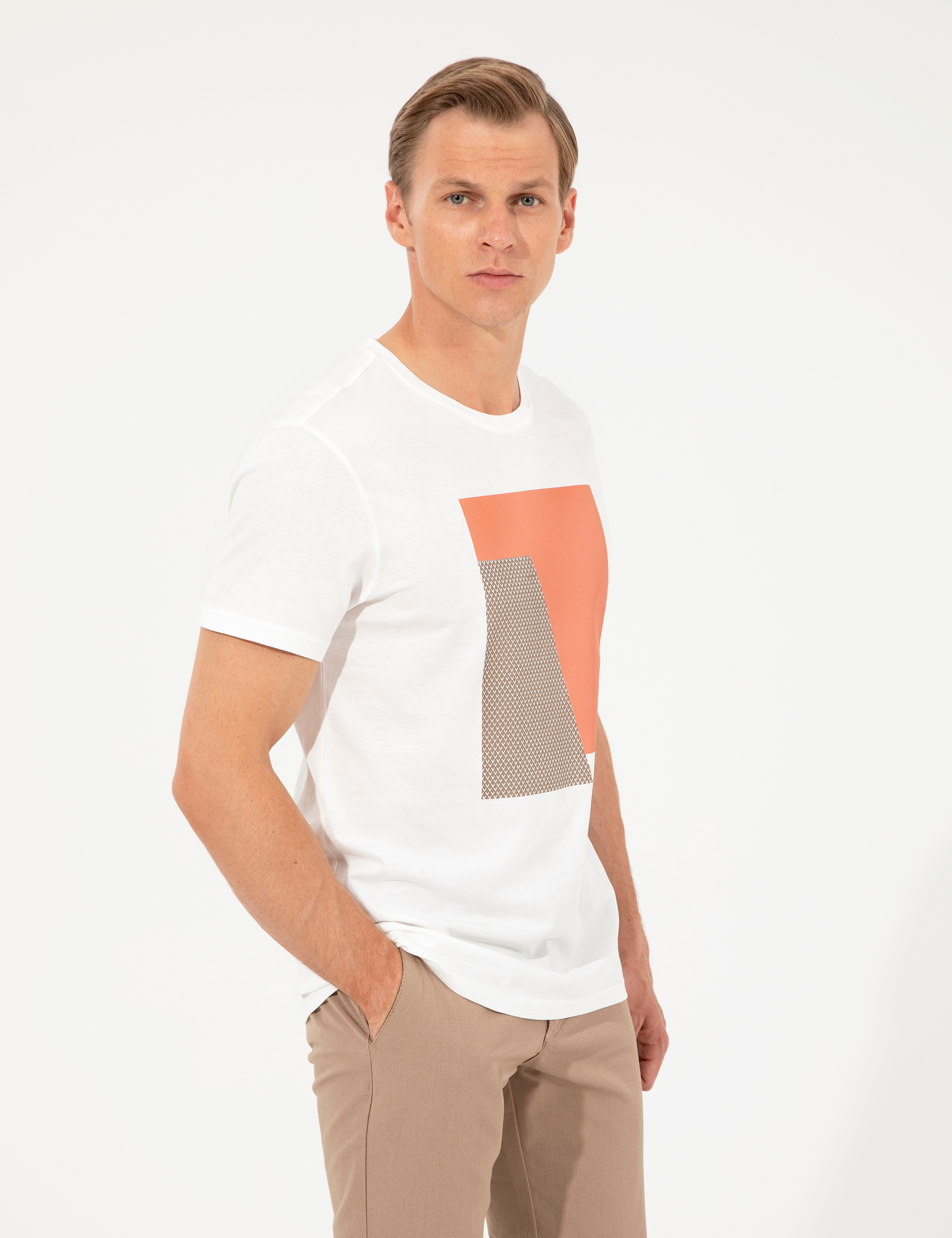 Ecru Slim Fit Baskılı Bisiklet Yaka Tişört - Image 3
