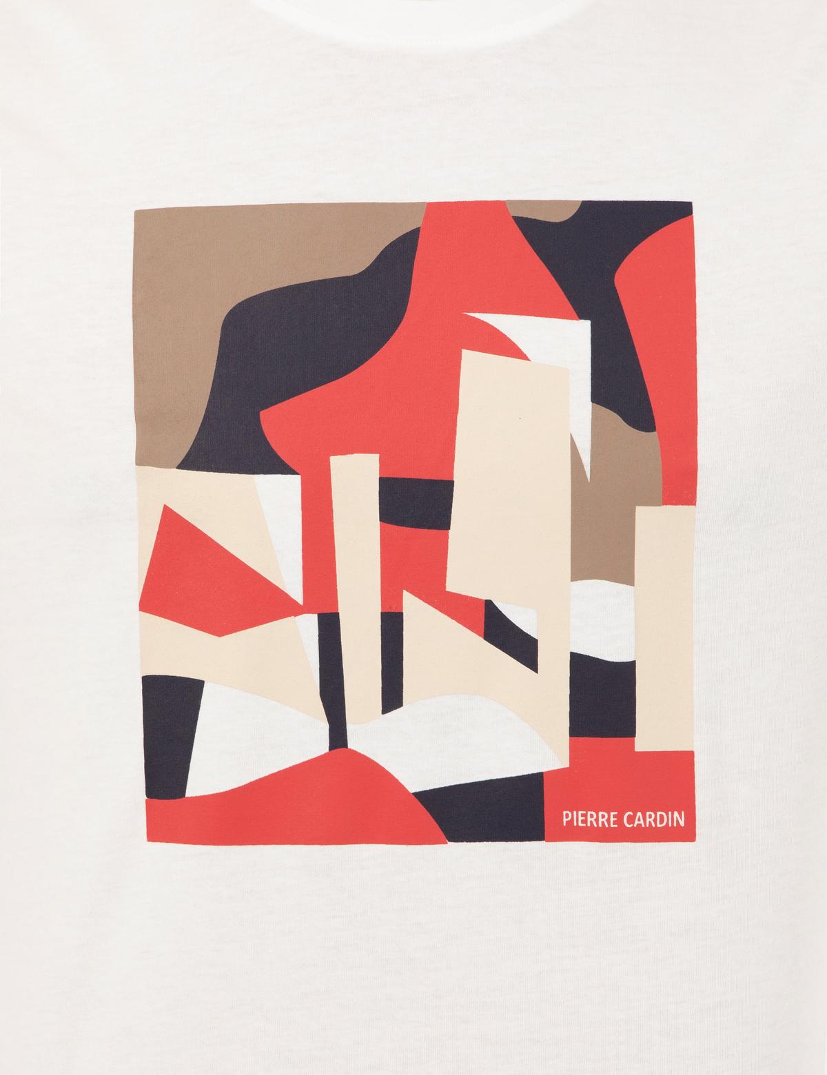 Ekru Slim Fit Baskılı Bisiklet Yaka Tişört - 50254023006