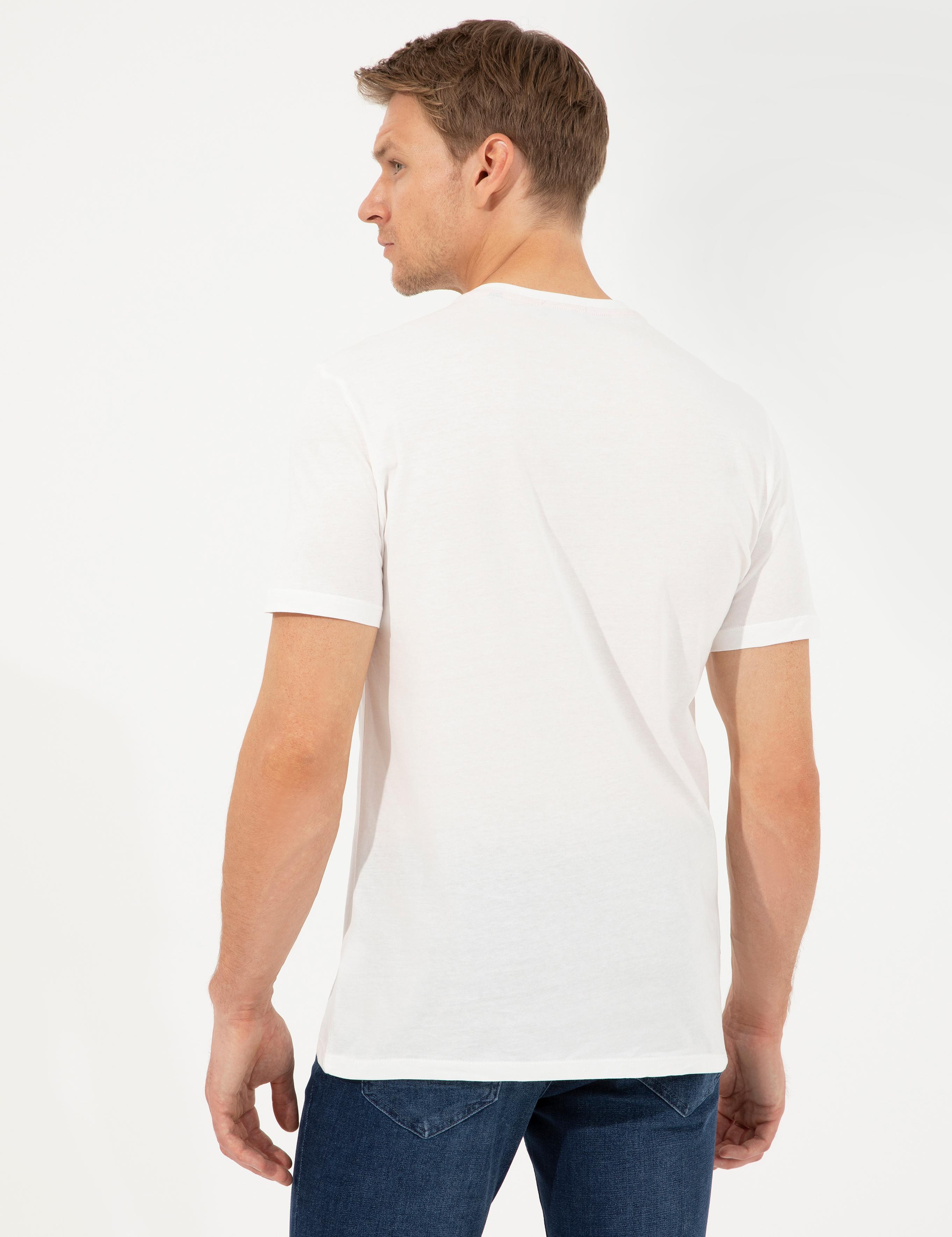 Ekru Slim Fit Baskılı Bisiklet Yaka Tişört