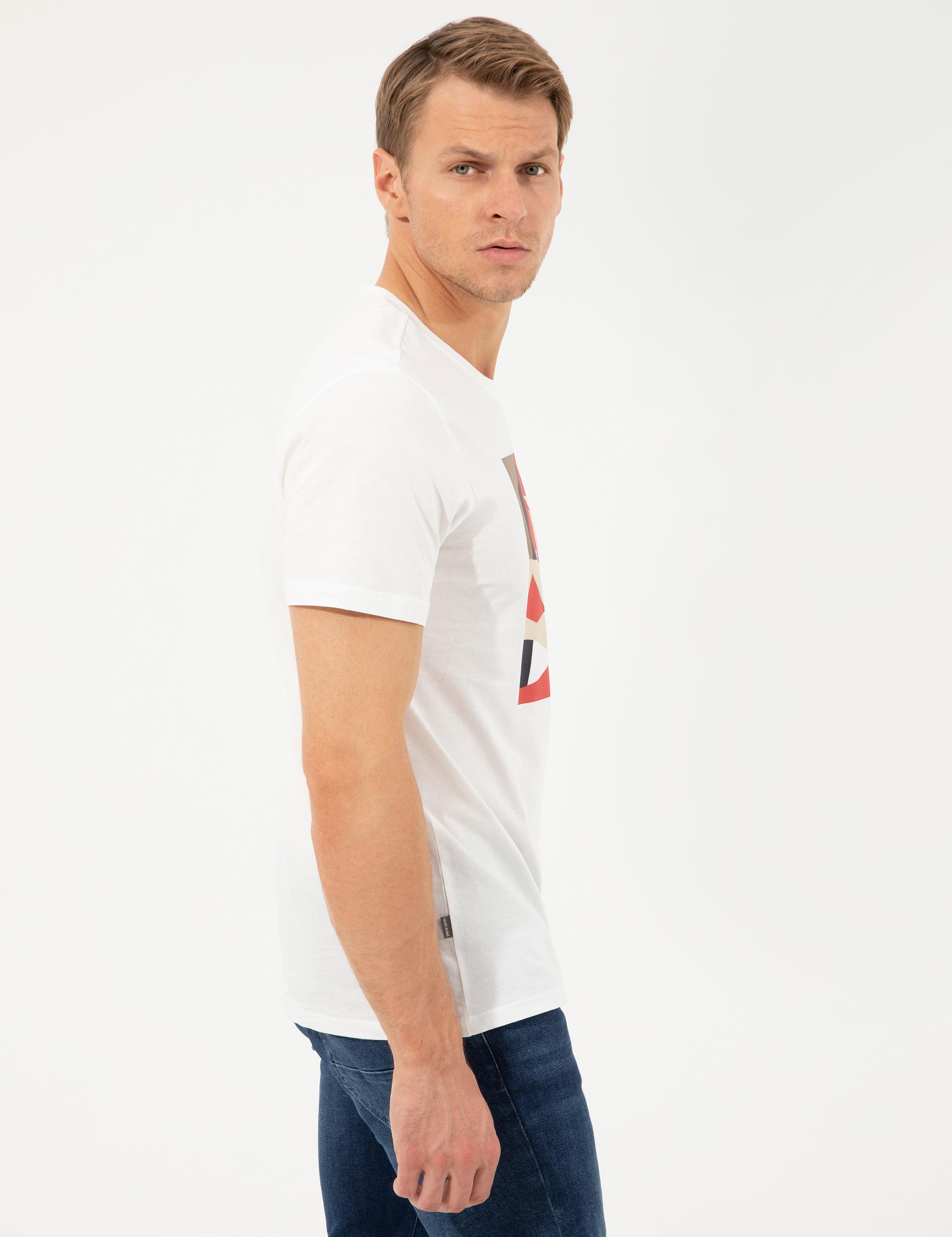 Ekru Slim Fit Baskılı Bisiklet Yaka Tişört