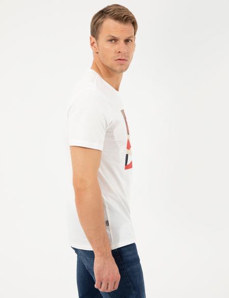 Ekru Slim Fit Baskılı Bisiklet Yaka Tişört - 50254023006
