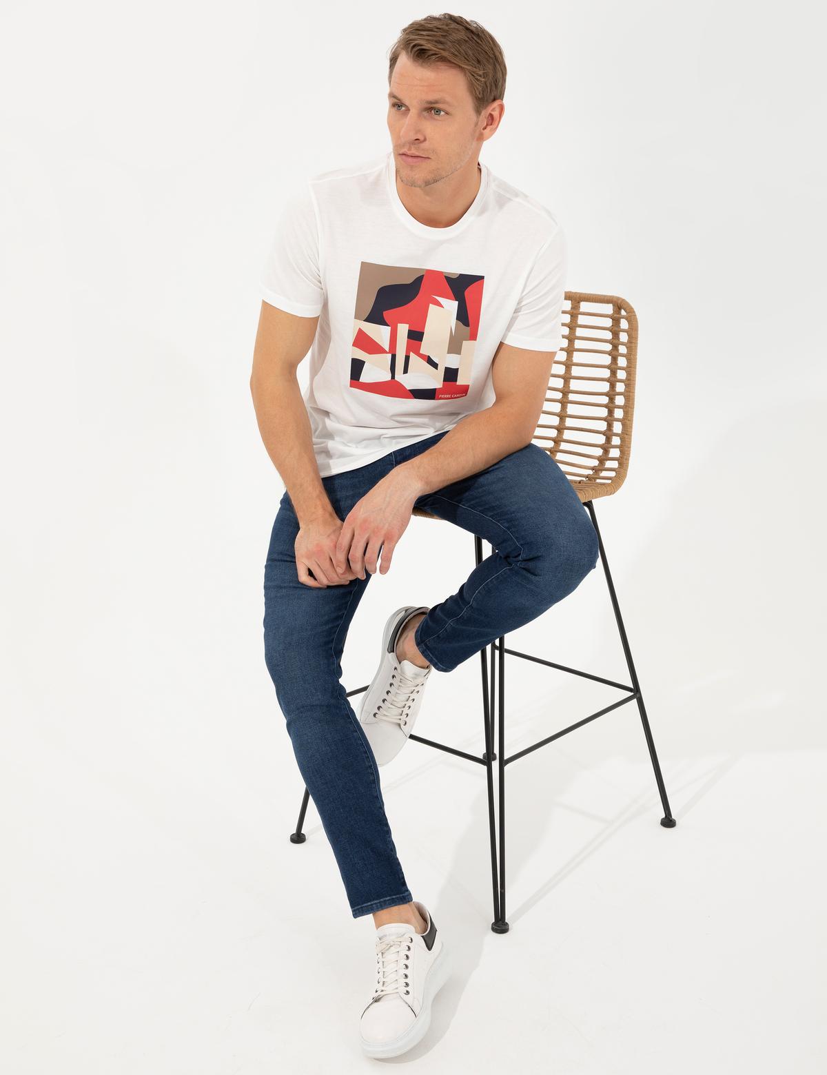 Ekru Slim Fit Baskılı Bisiklet Yaka Tişört - 50254023006