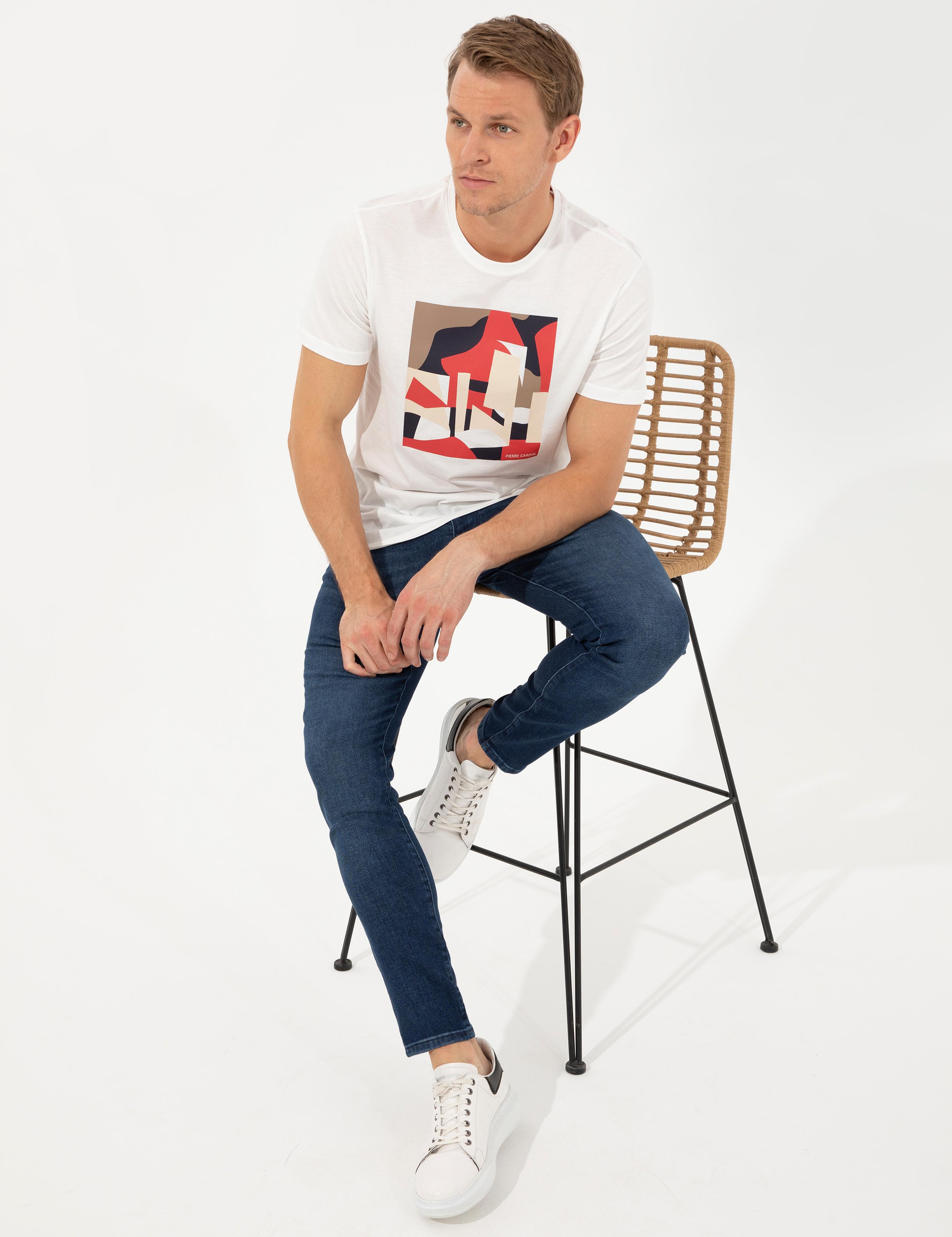 Ekru Slim Fit Baskılı Bisiklet Yaka Tişört