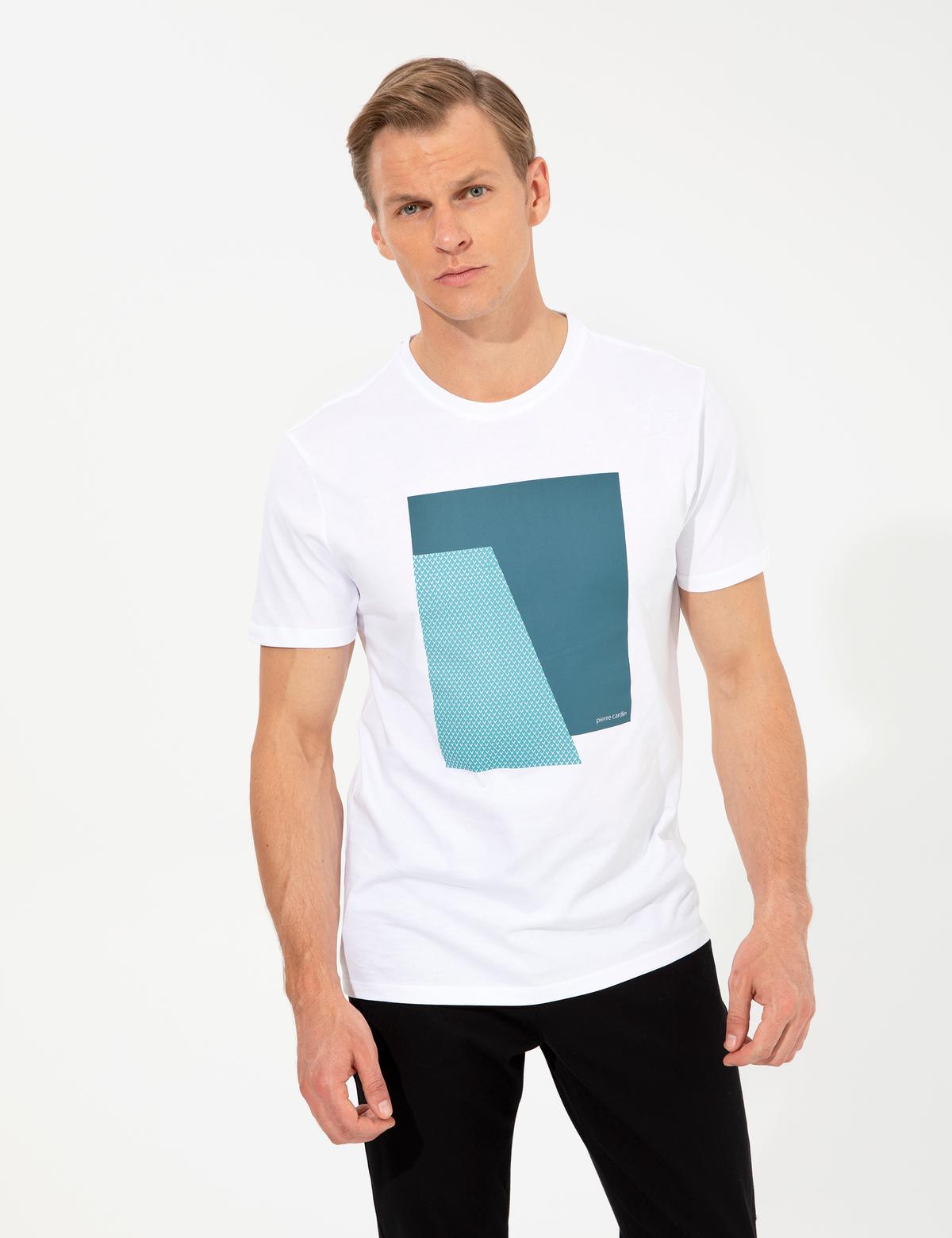 Beyaz Slim Fit Baskılı Bisiklet Yaka Tişört - 50249867026