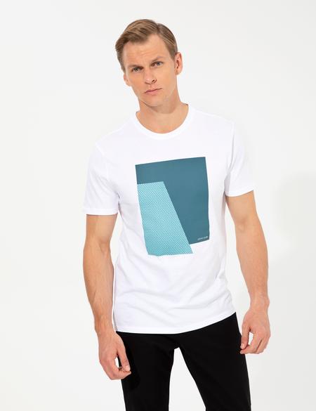 Beyaz Slim Fit Baskılı Bisiklet Yaka Tişört - 50249867026