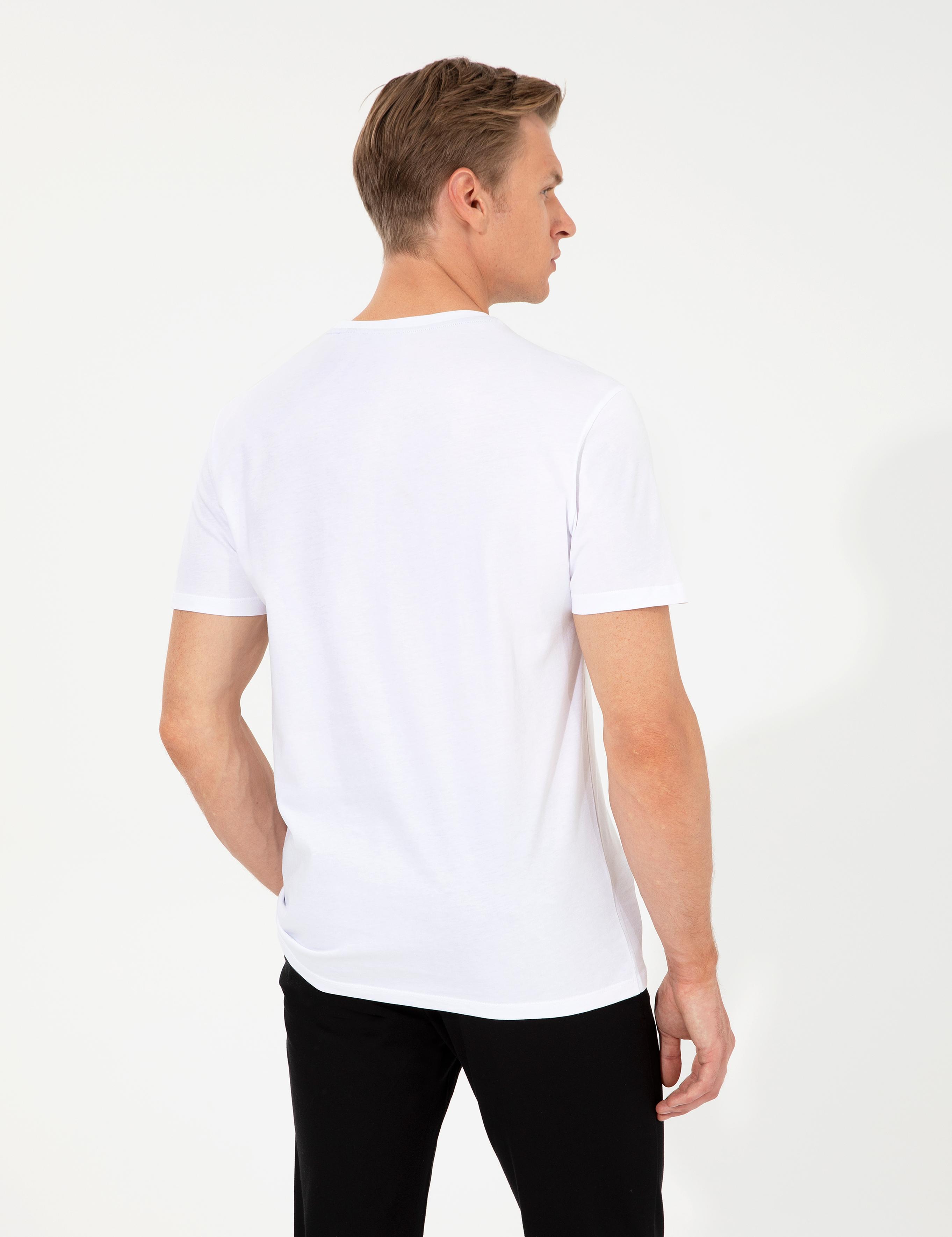 Beyaz Slim Fit Baskılı Bisiklet Yaka Tişört