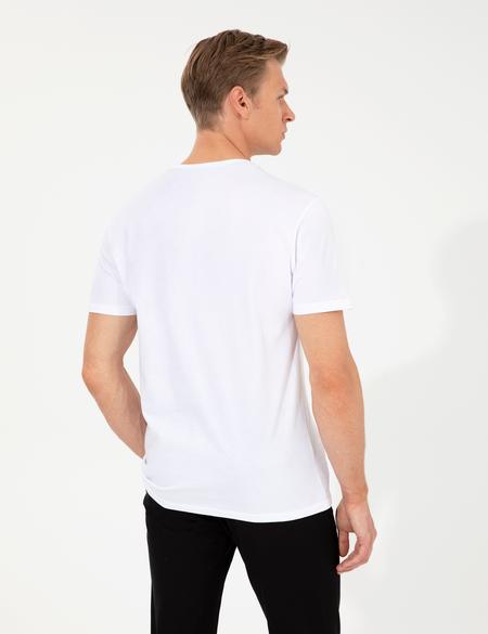 Beyaz Slim Fit Baskılı Bisiklet Yaka Tişört - 50249867026