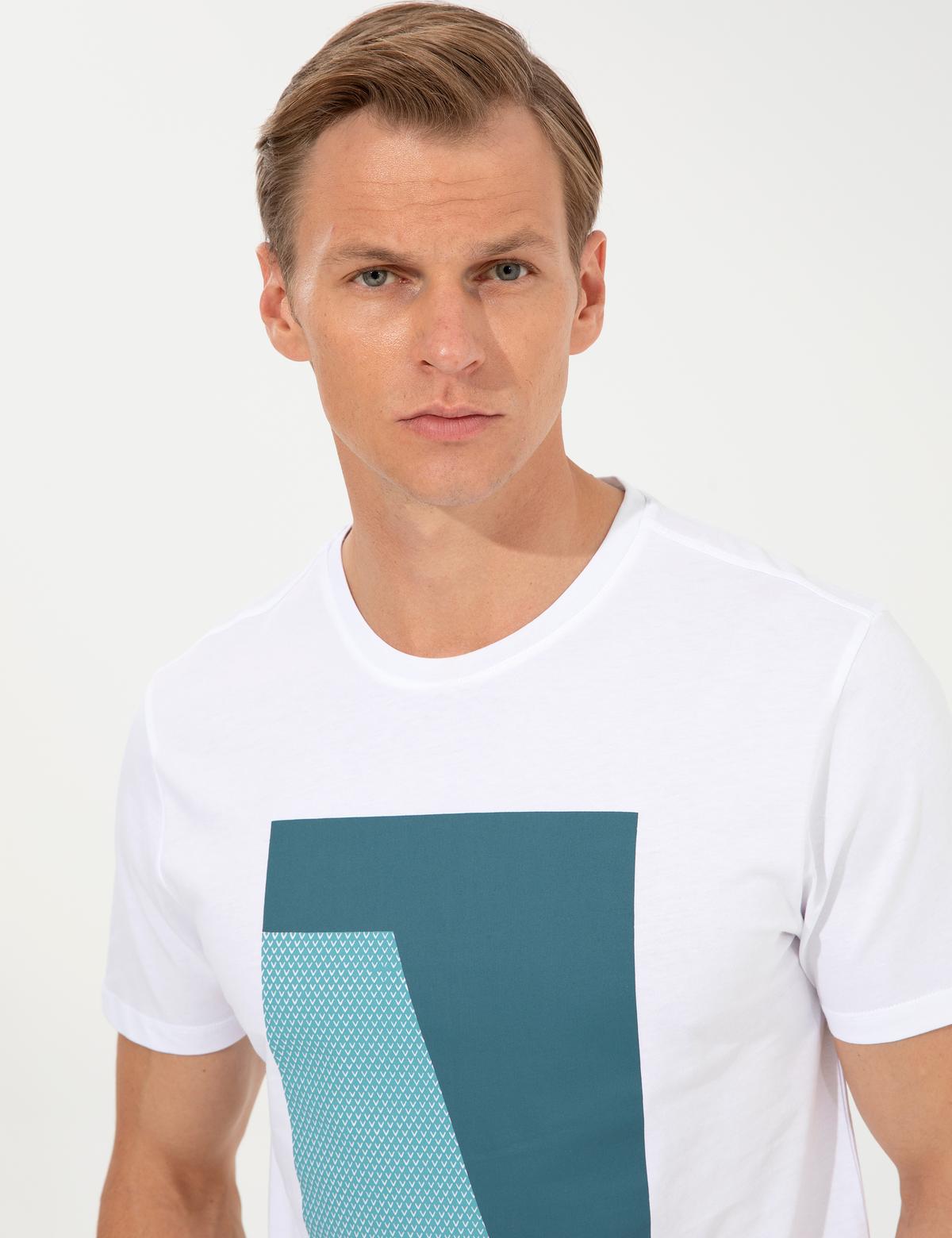 Beyaz Slim Fit Baskılı Bisiklet Yaka Tişört