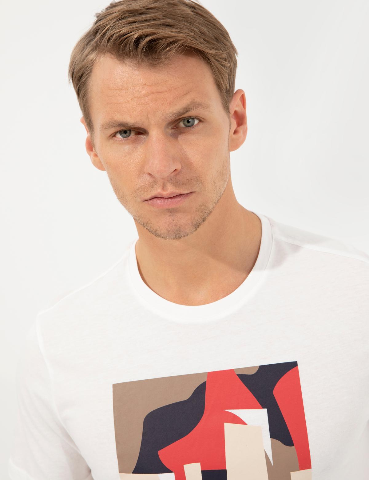 Ekru Slim Fit Baskılı Bisiklet Yaka Tişört - 50254023006