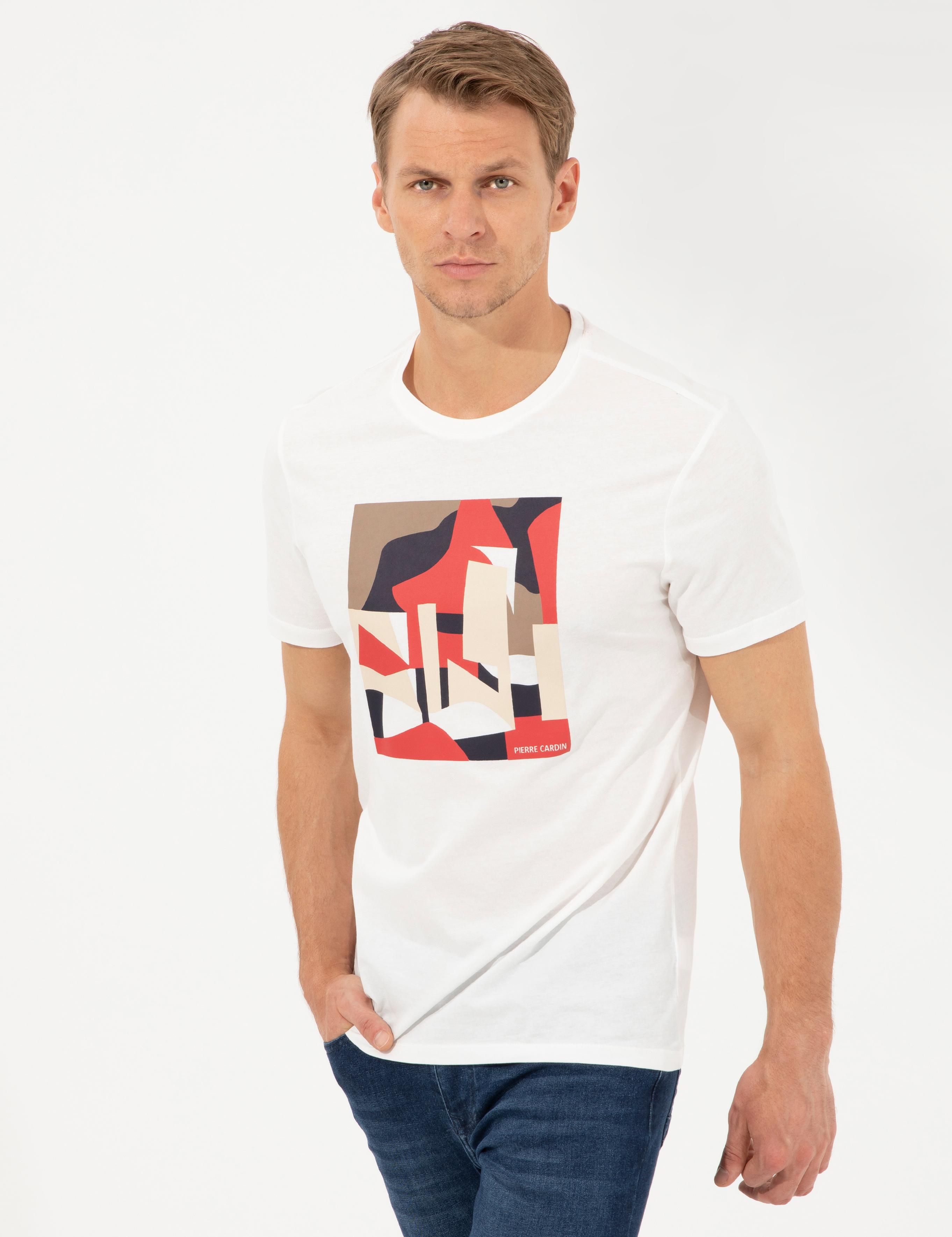 Ekru Slim Fit Baskılı Bisiklet Yaka Tişört