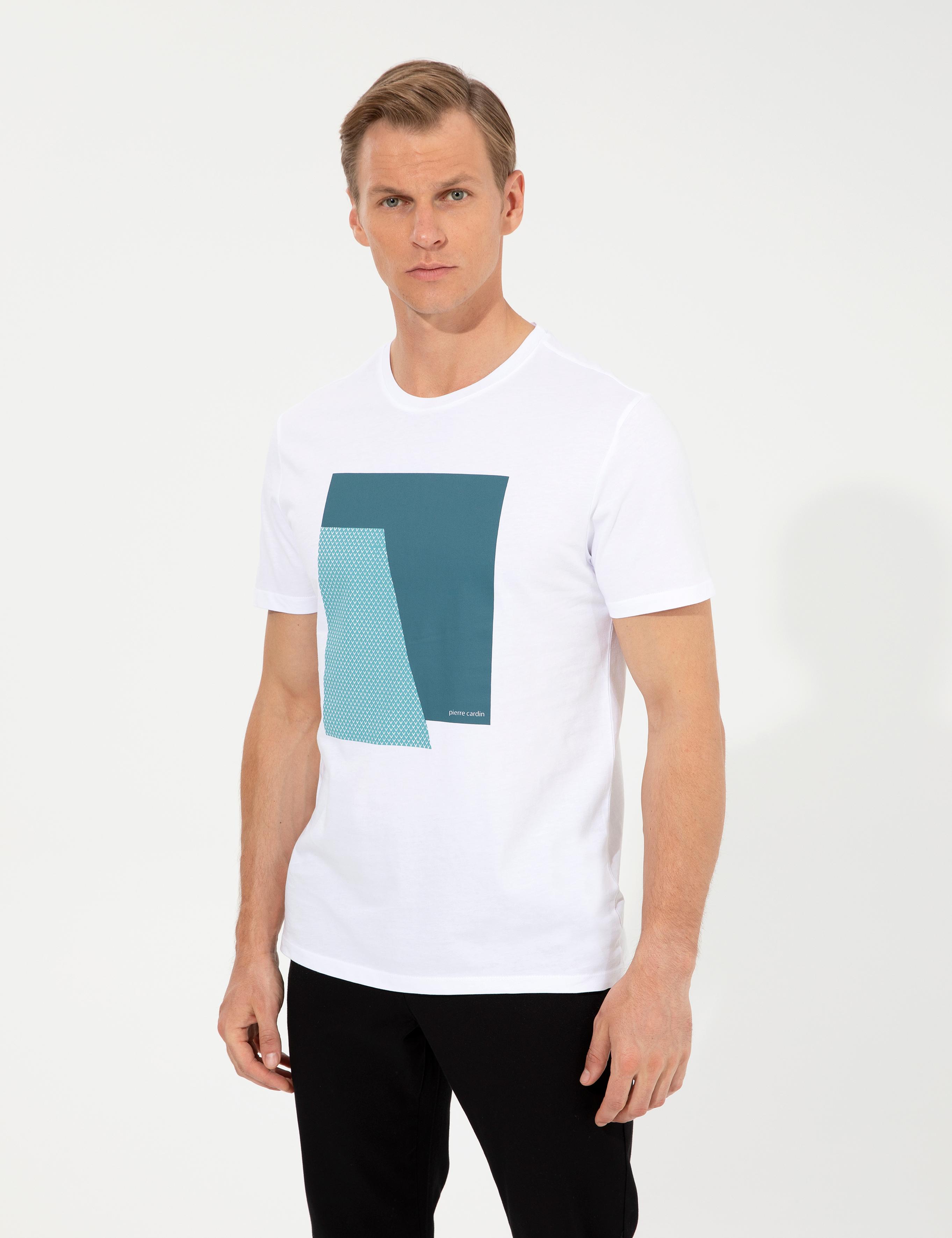 Beyaz Slim Fit Baskılı Bisiklet Yaka Tişört