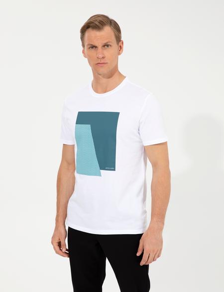 Beyaz Slim Fit Baskılı Bisiklet Yaka Tişört - 50249867026