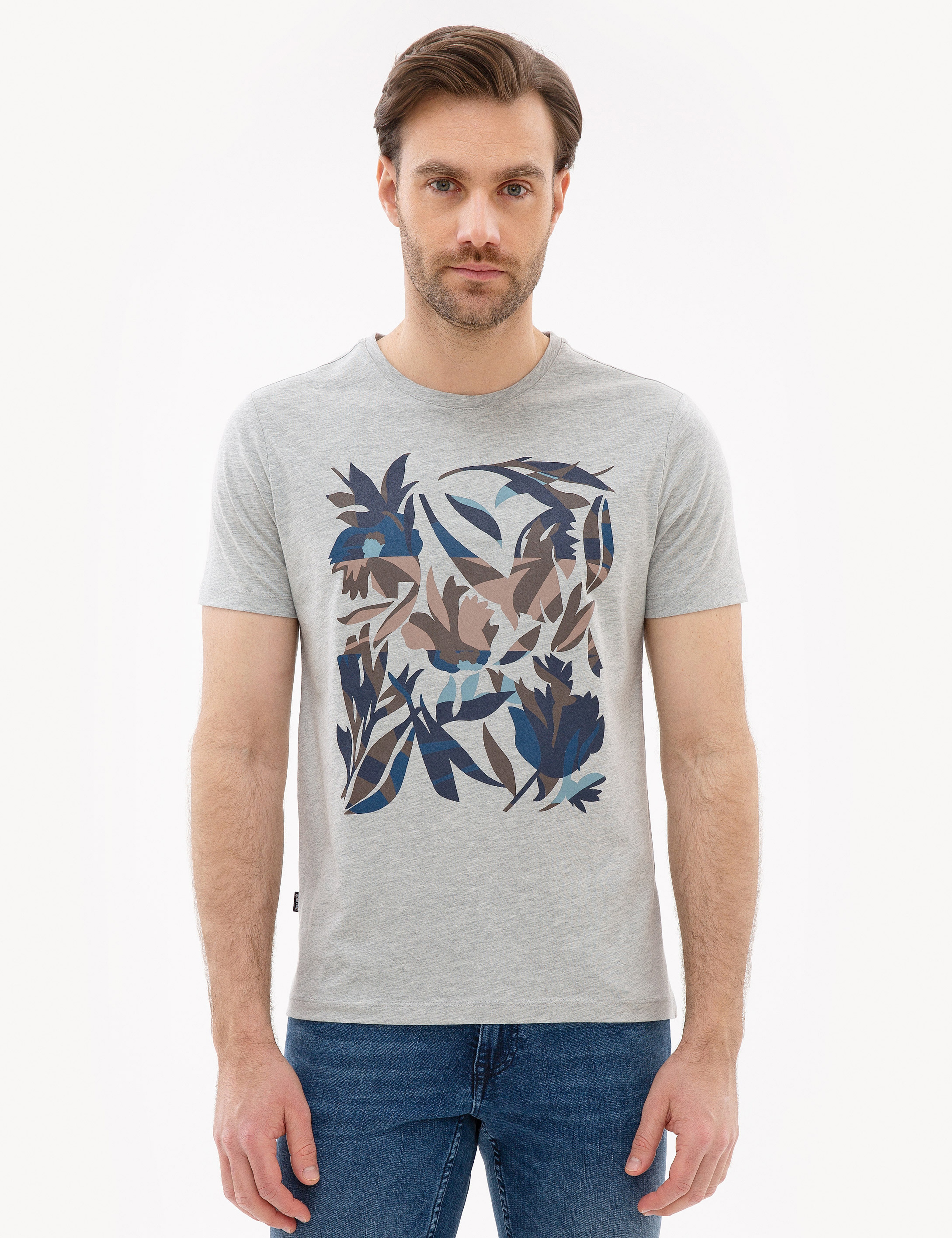 Açık Gri Melanj Slim Fit Bisiklet Yaka T-Shirt - Image 2