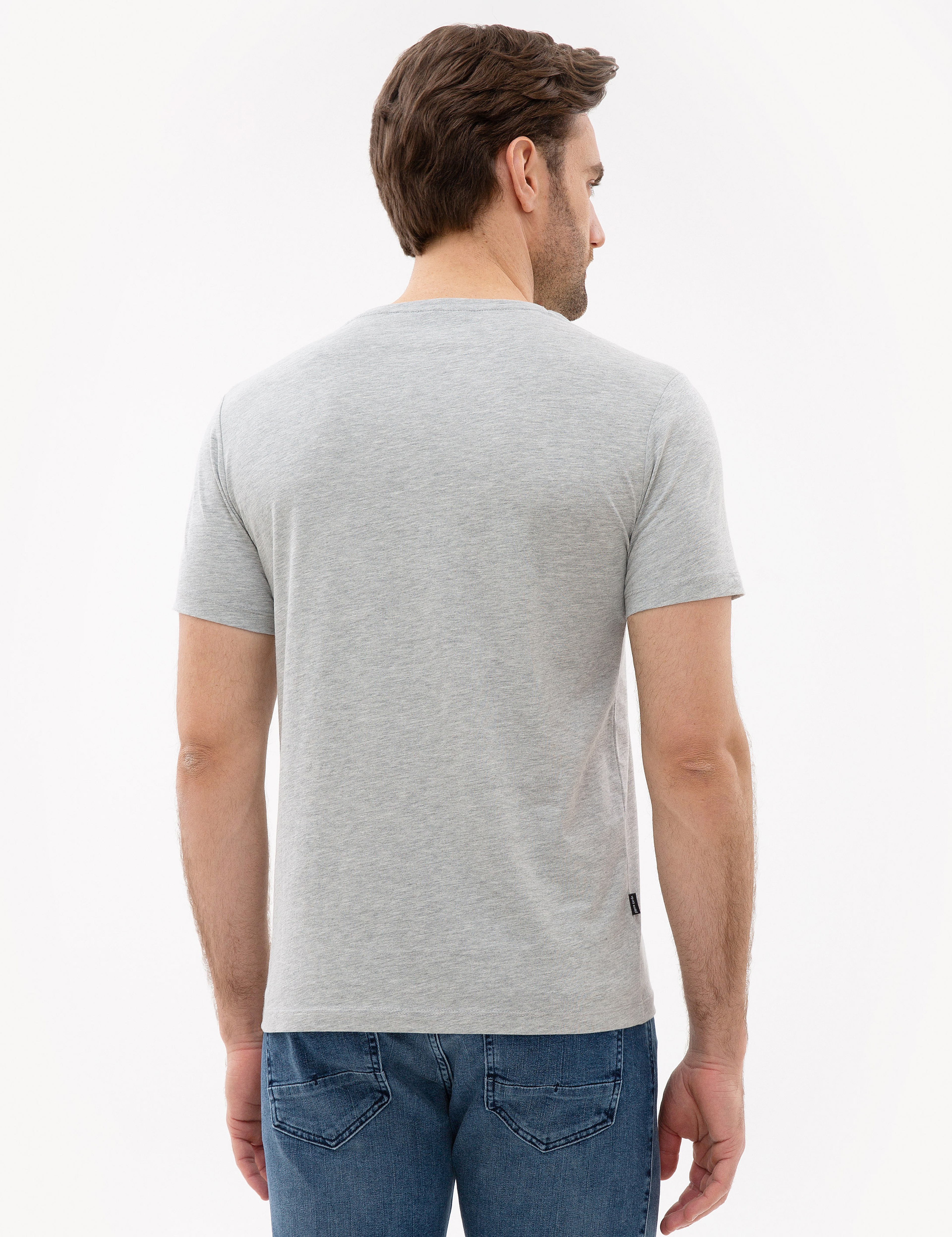 Açık Gri Melanj Slim Fit Bisiklet Yaka T-Shirt - Image 3
