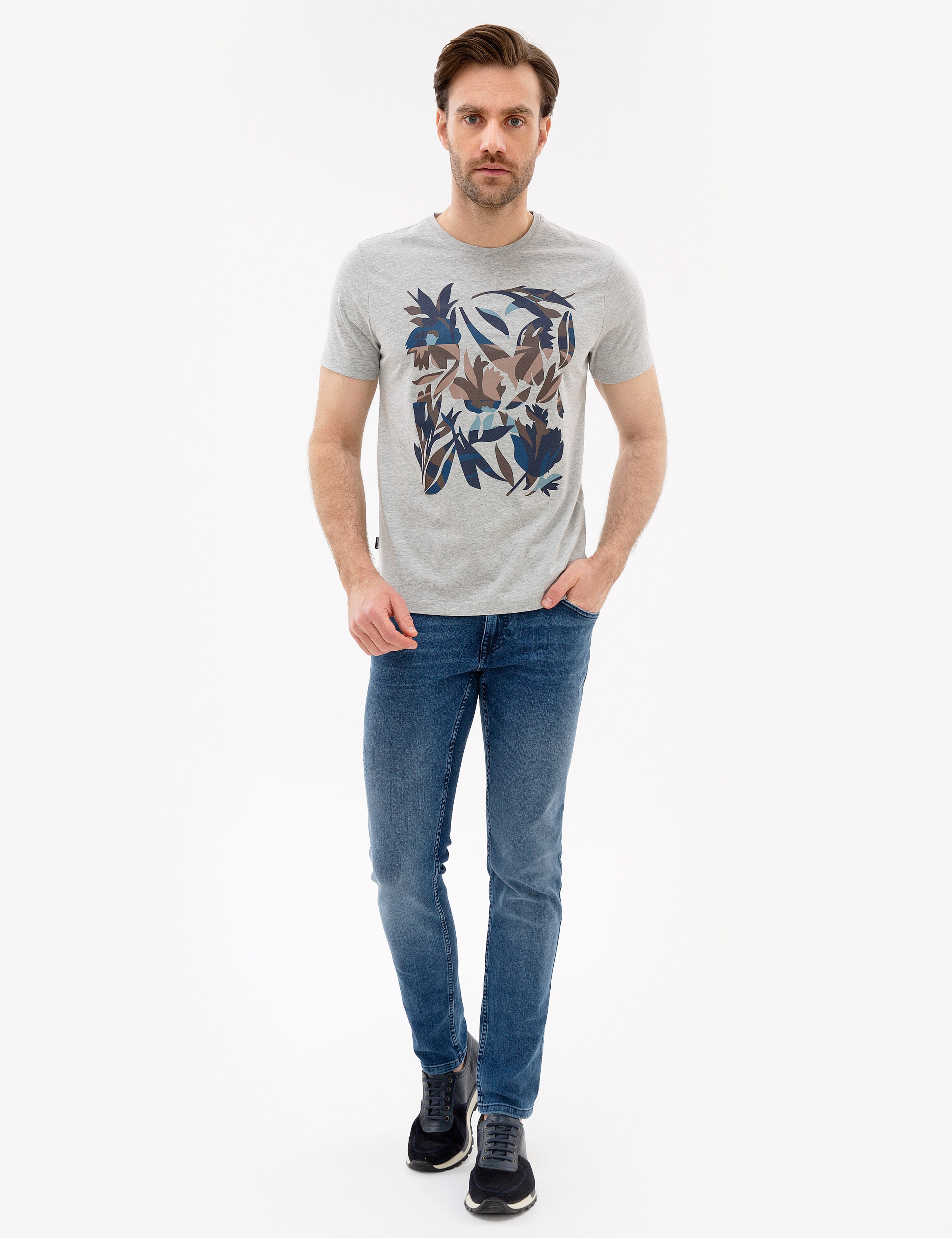 Açık Gri Melanj Slim Fit Bisiklet Yaka T-Shirt - Image 4