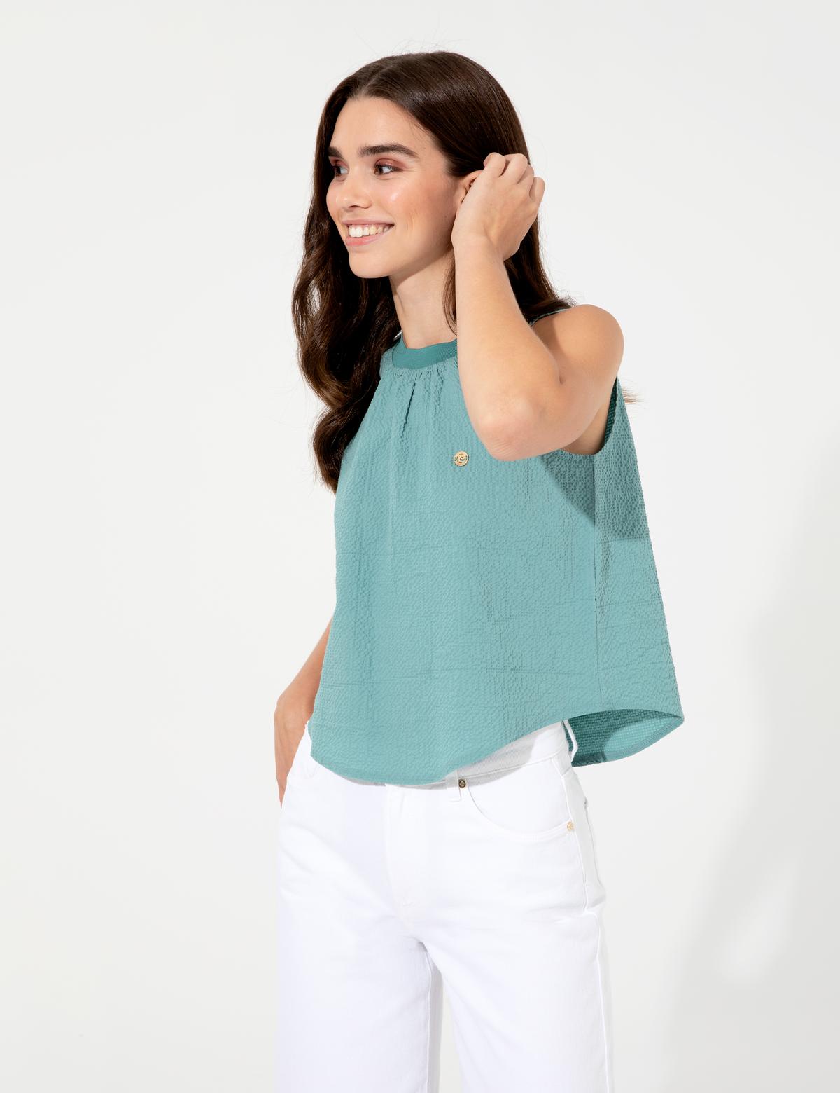 Koyu Mint Comfort Fit Kolsuz Bluz - 50252148004