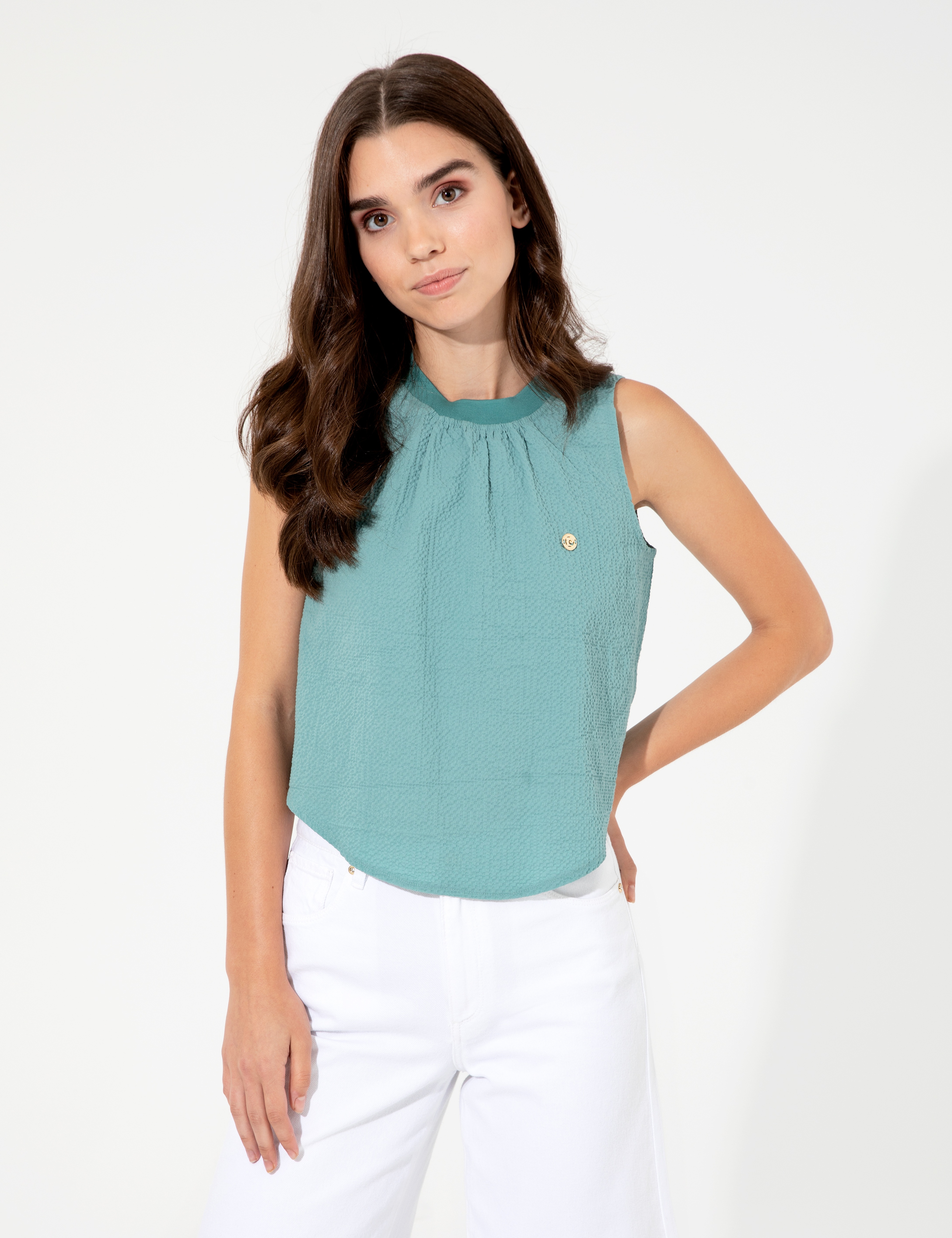 Koyu Mint Comfort Fit Kolsuz Bluz - Image 1