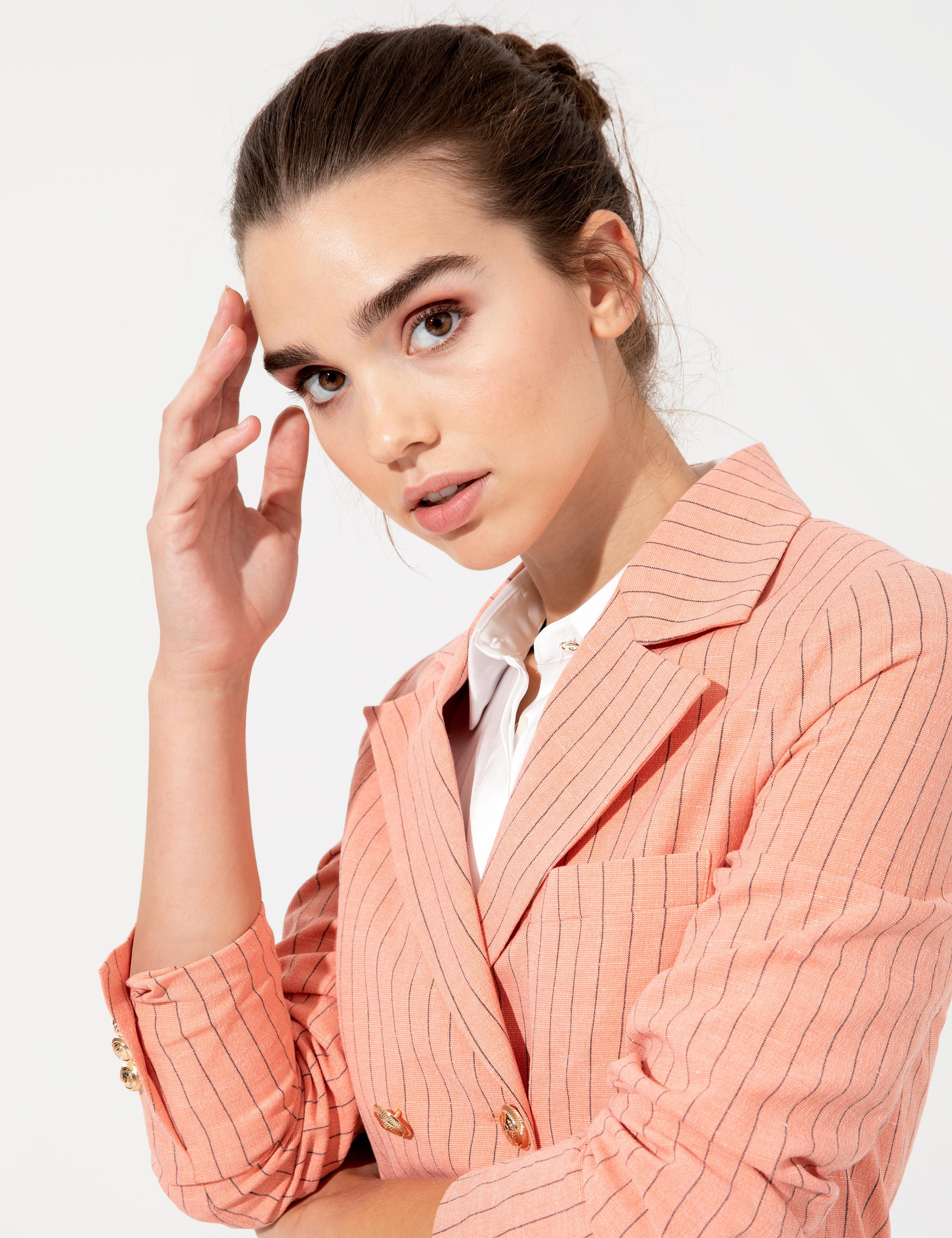 Turuncu Çizgili Keten Karışımlı Kruvaze Ceket