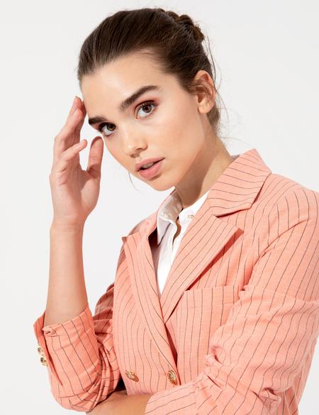 Turuncu Çizgili Keten Karışımlı Kruvaze Ceket - 50246753001