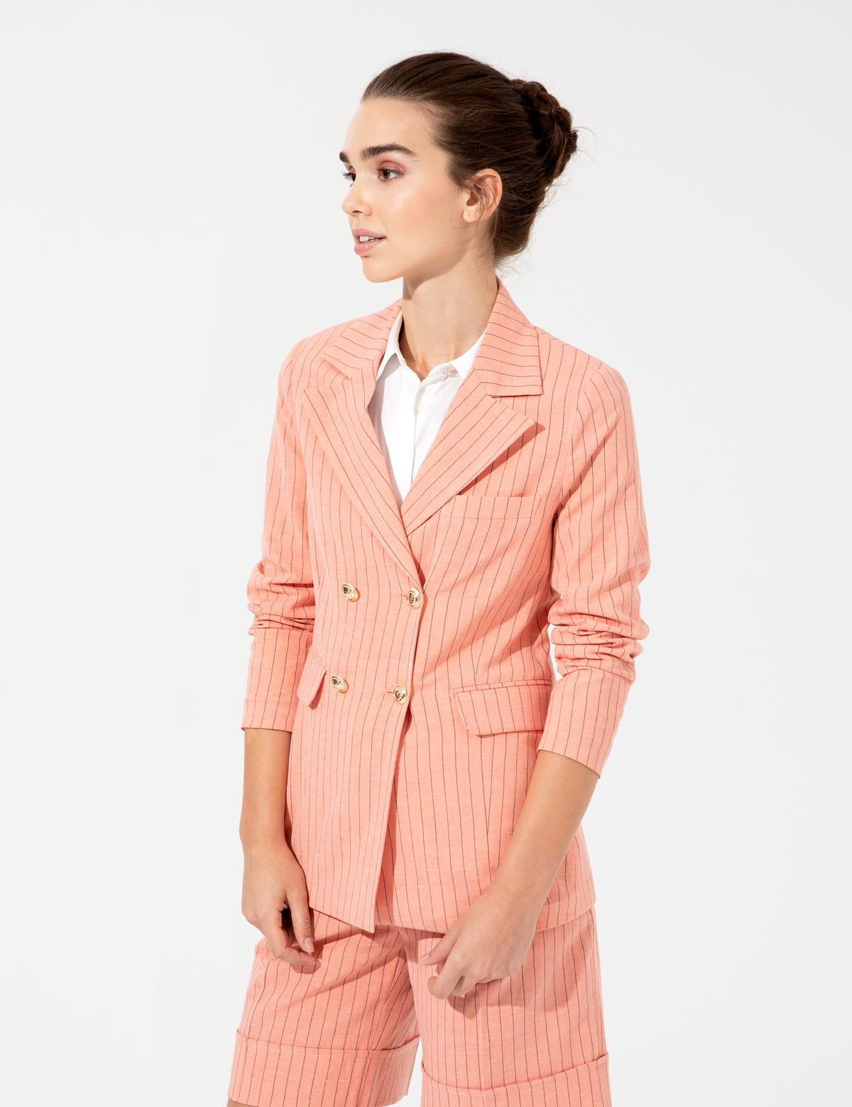 Turuncu Çizgili Keten Karışımlı Kruvaze Ceket - 50246753001