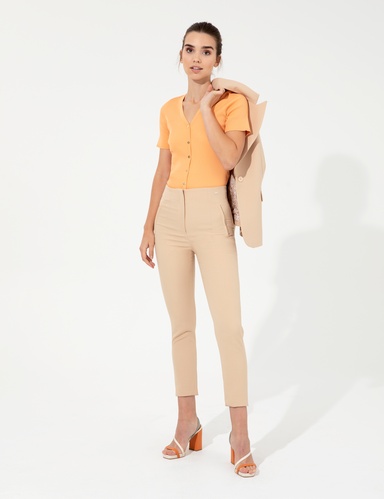 Ekru Carrot Fit Kumaş Pantolon