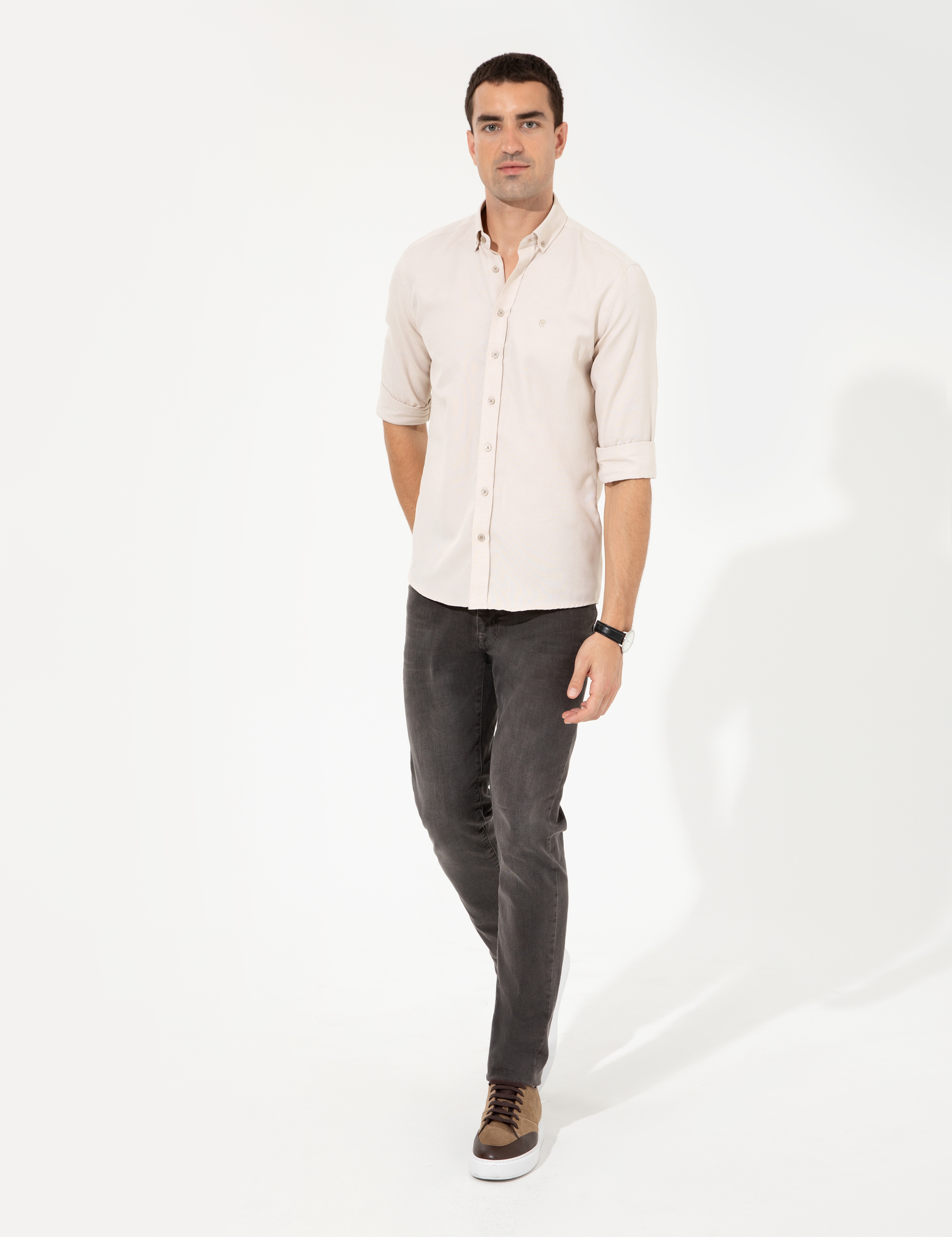 Bej Slim Fit Oxford Gömlek - Image 4