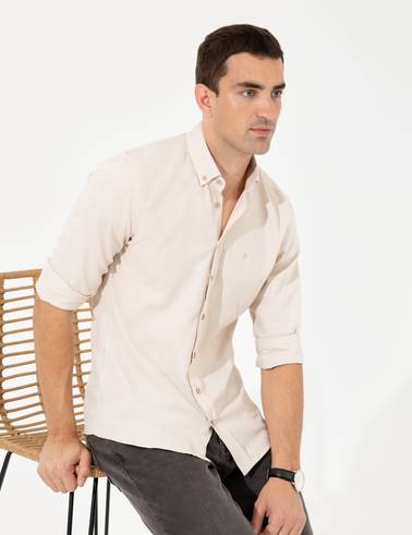 Bej Slim Fit Oxford Gömlek