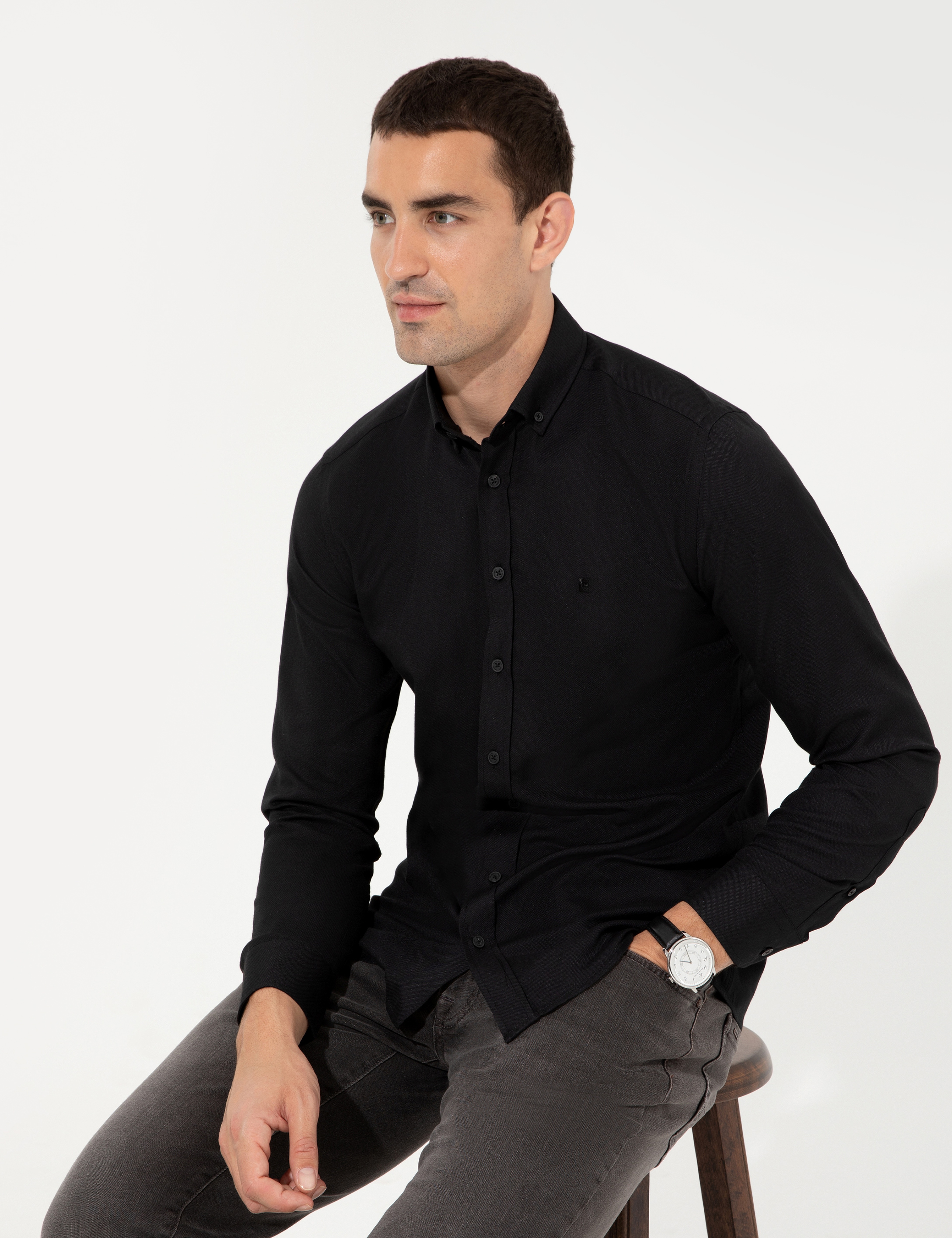 Siyah Slim Fit Oxford Gömlek - Image 1