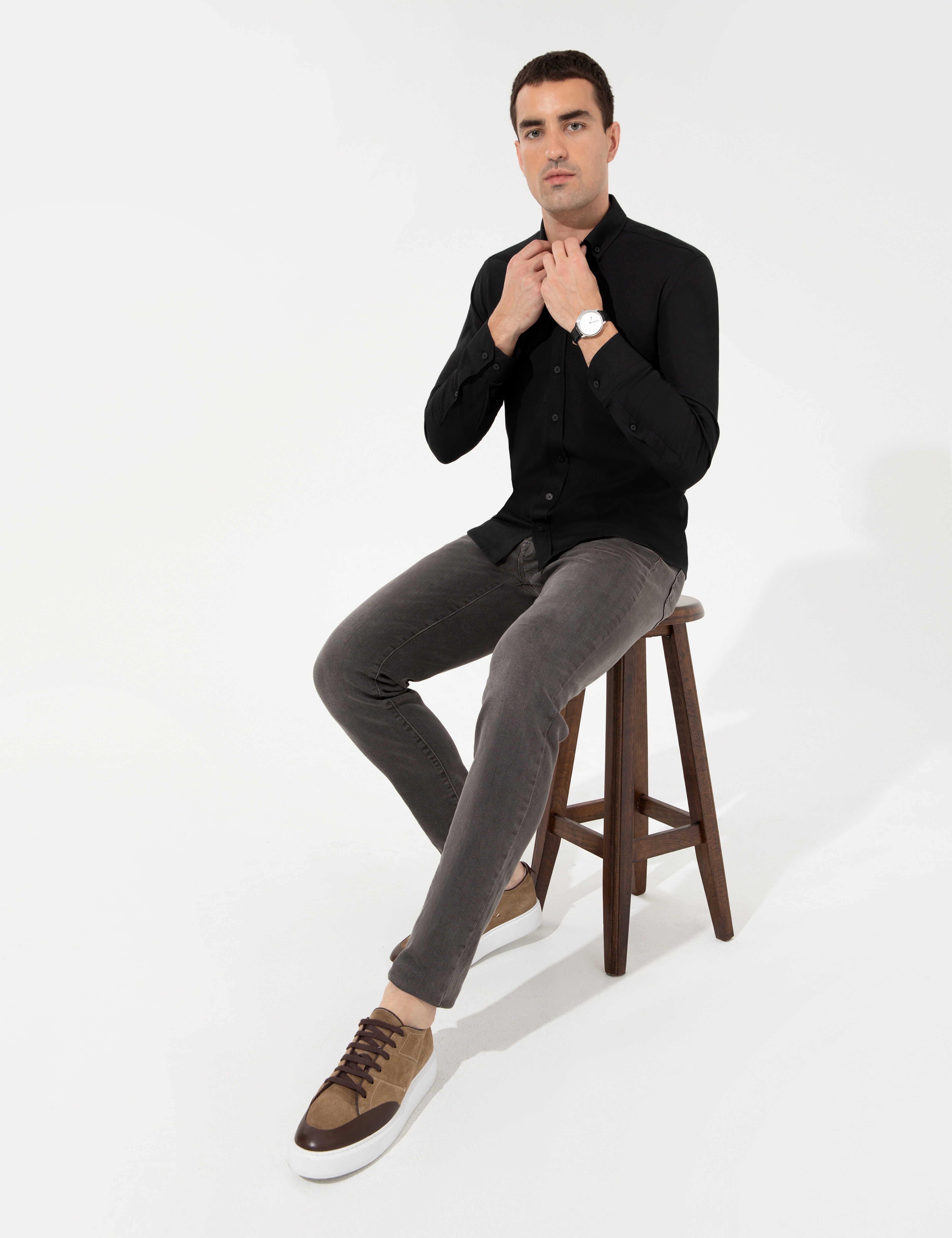 Siyah Slim Fit Oxford Gömlek - Image 4